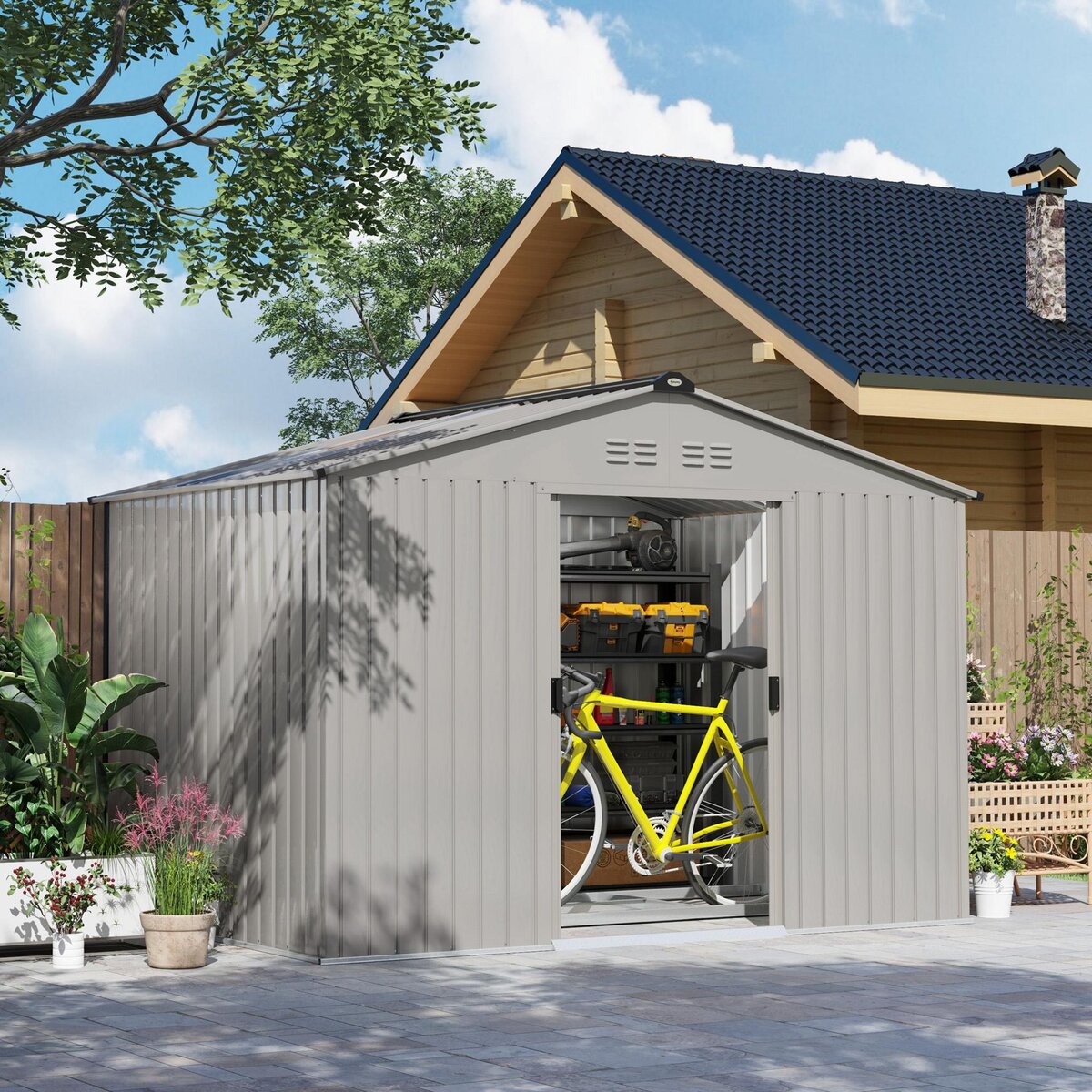 OUTSUNNY Abri de jardin 5,4 m² - cabanon double porte coulissante - fondation incluse - 277 x 195 x 192 cm - tôle d'acier ondulée gris