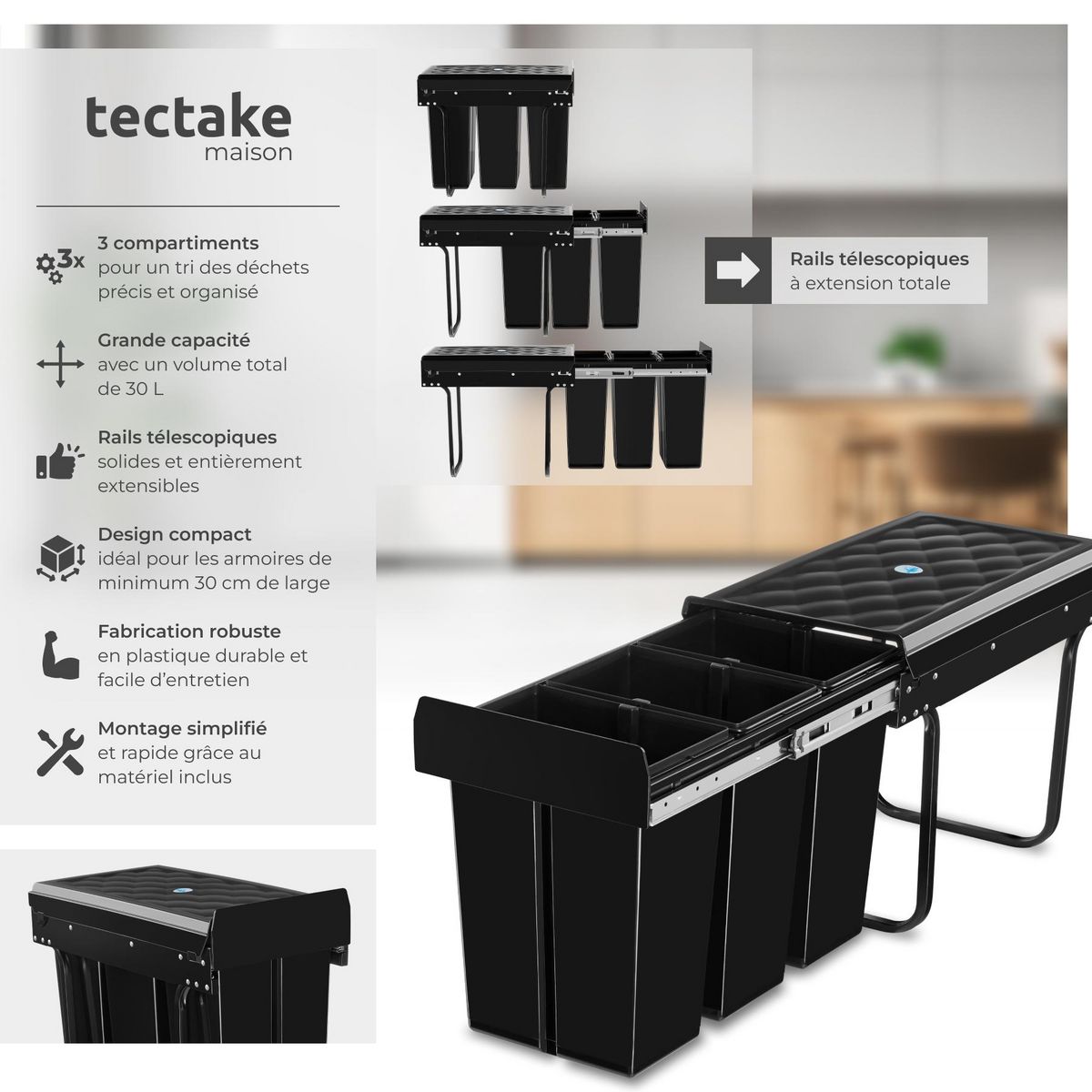 tectake Poubelle de tri 3 compartiments de 10 L chacun noir