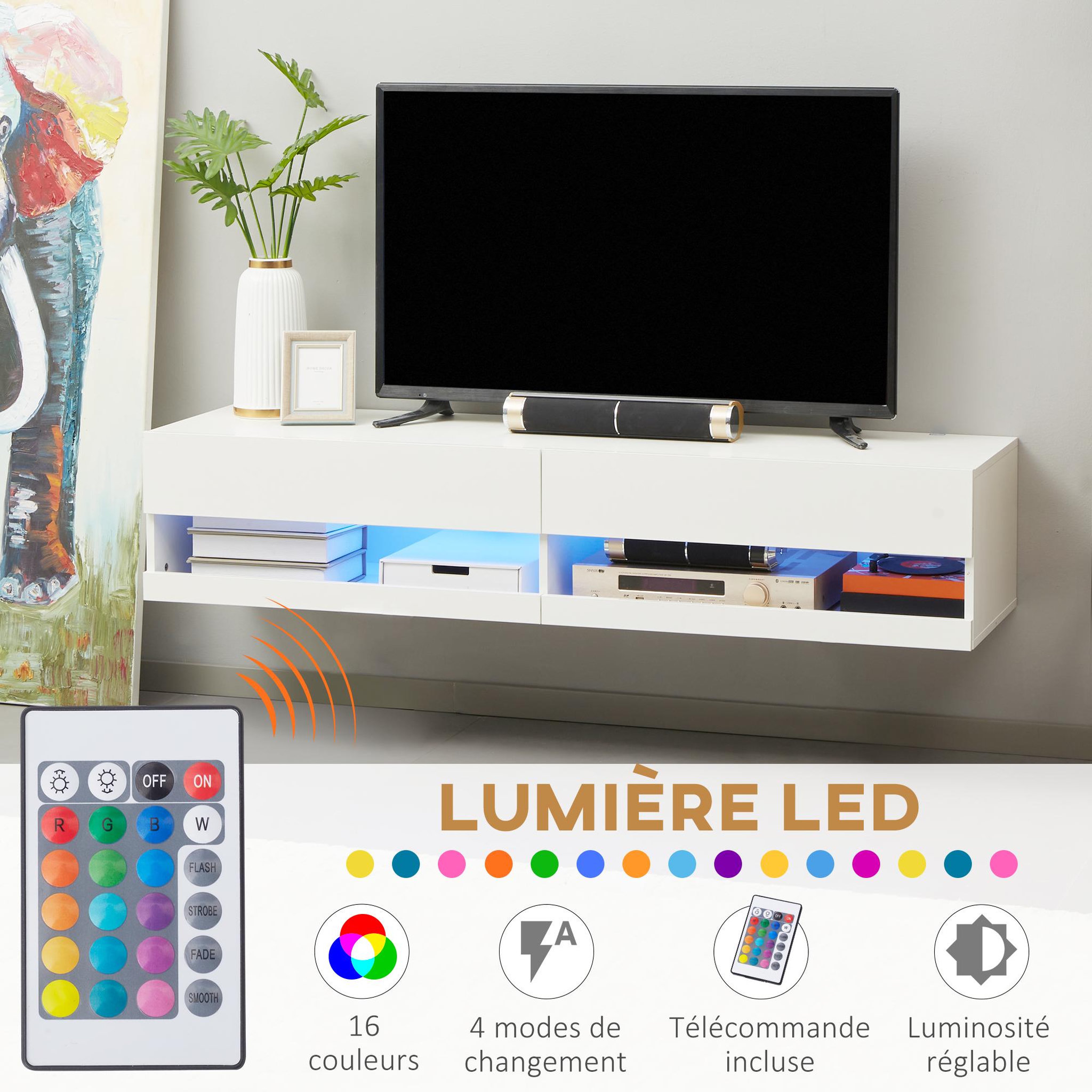 Voir la diapositive 6 : HOMCOM Meuble TV mural LED - banc TV flottant - 2 portes battantes - dim. 150L x 40l x 30H cm - blanc laqué