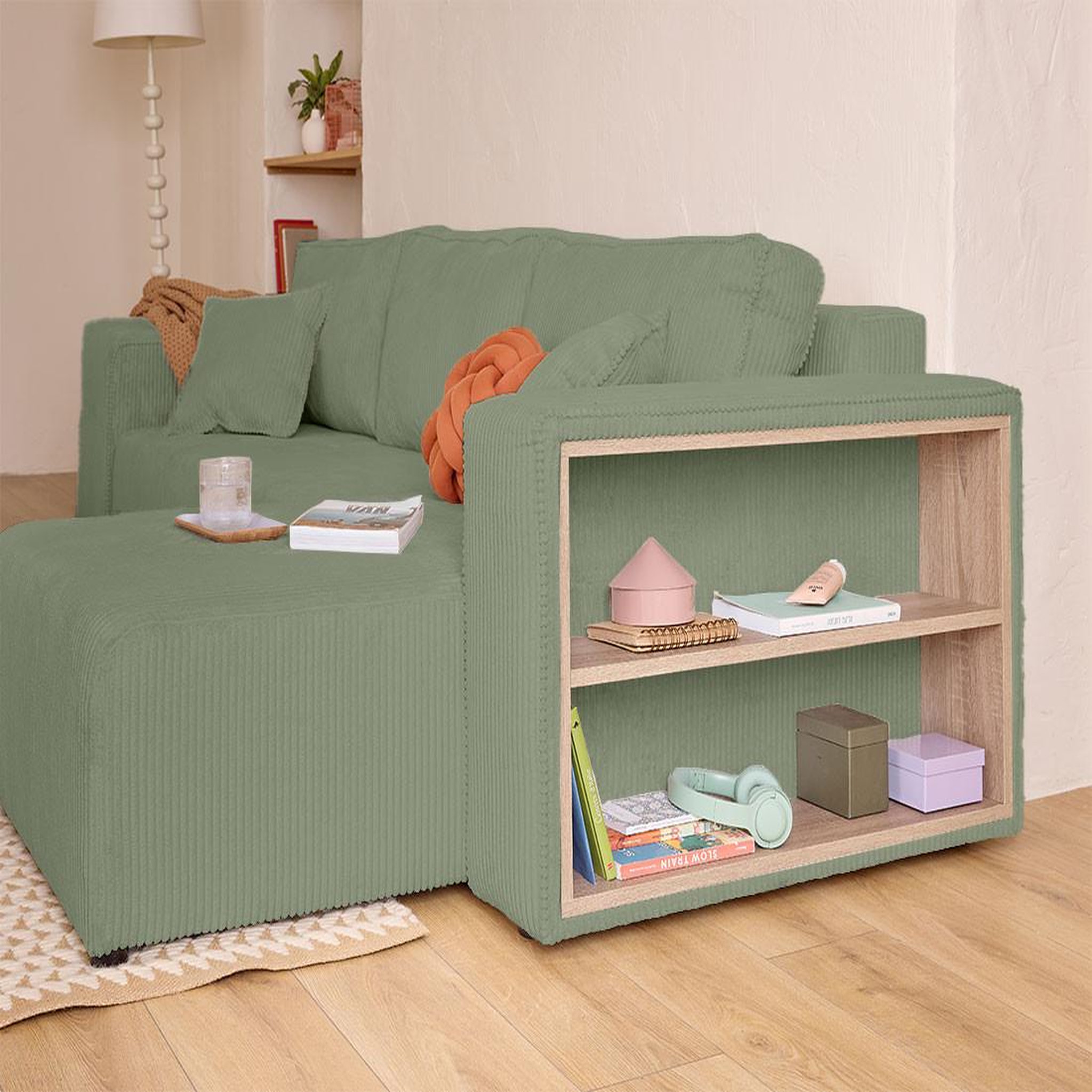 Voir la diapositive 2 : BEST MOBILIER Topaze - canapé d'angle réversible 4 places - convertible avec coffre, tablette et poufs - en velours côtelé
