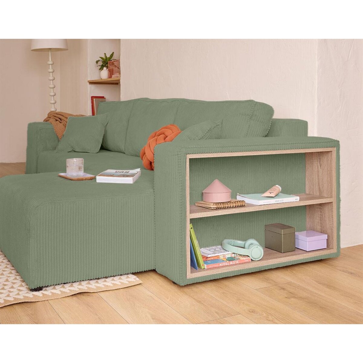 BEST MOBILIER Topaze - canapé d'angle réversible 4 places - convertible avec coffre, tablette et poufs - en velours côtelé