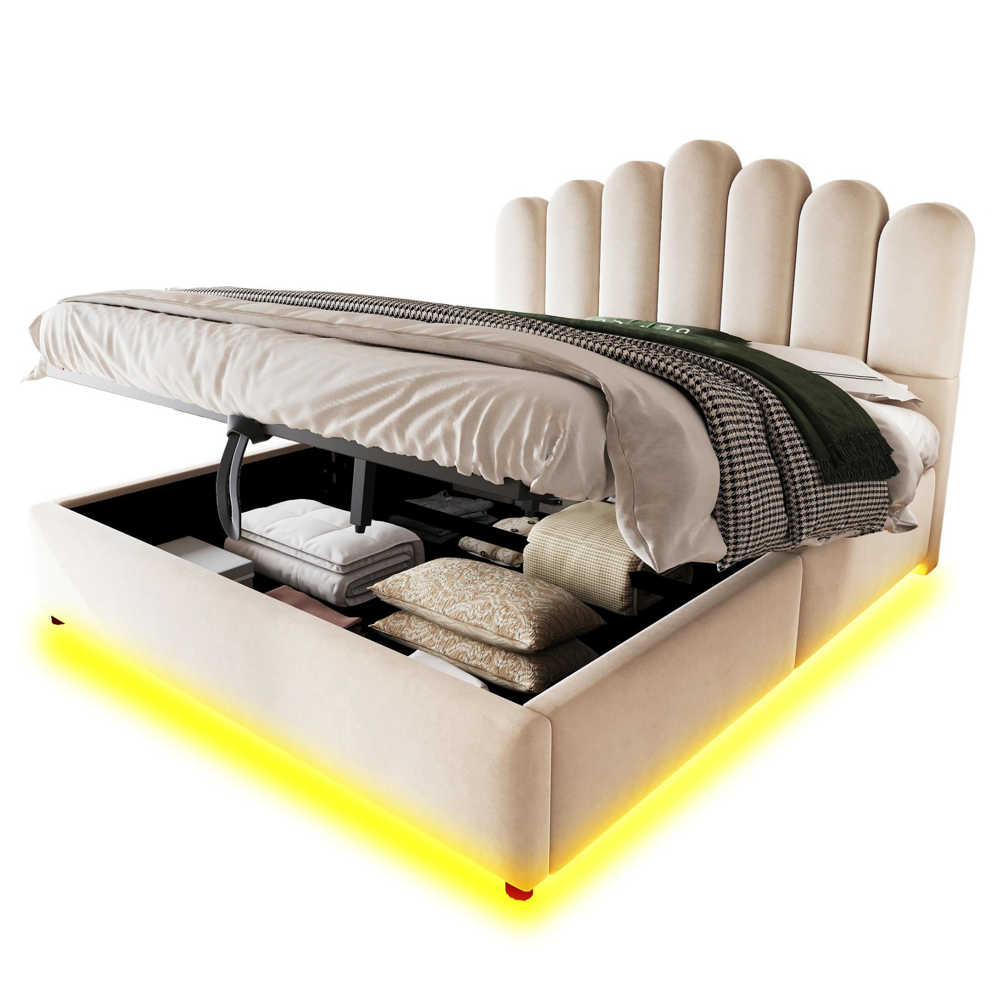 Voir la diapositive 1 : MERAX Lit coffre velours avec led, tête de lit capitonnée et sommier à lattes
