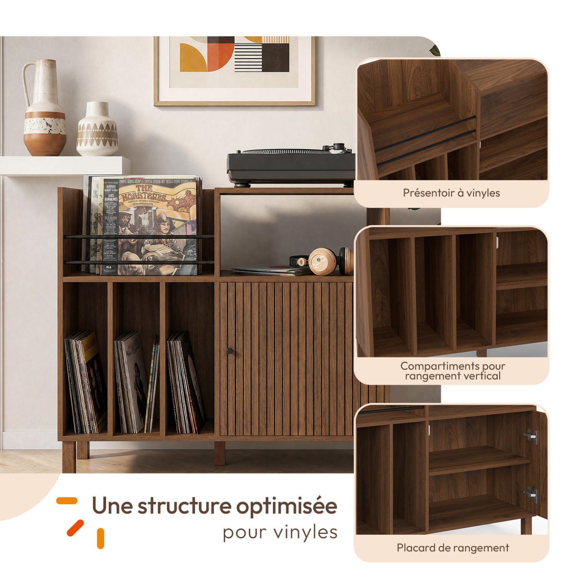 Voir la diapositive 3 : ID MARKET Meuble d'appoint, buffet de rangement avec étagères, supports vinyles, platine et placard 90 cm JULIETTE lattes bois effet noyer