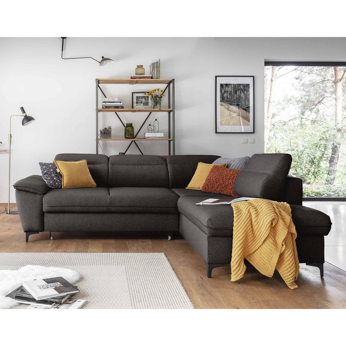 BEST MOBILIER Clever - canapé d'angle droit - 5 places - convertible avec coffre et têtières - en tissu