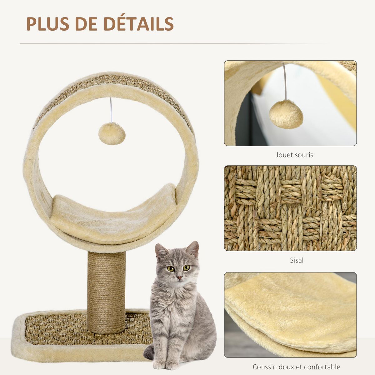 PAWHUT Arbre à chat rond style cosy chic griffoir grattoirs sisal jeu suspendu souris niche avec coussin cordes d'algues tressées peluche courte beige