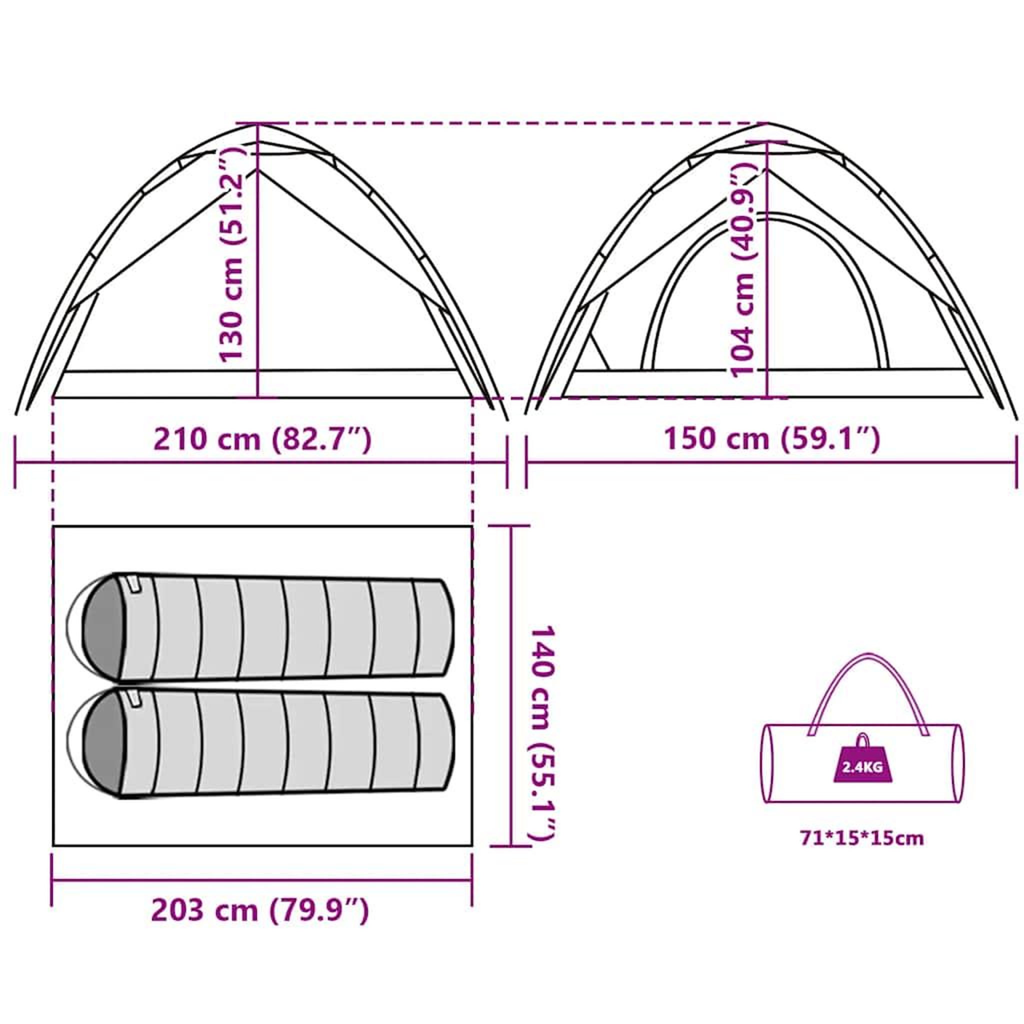 Voir la diapositive 6 : VIDAXL Tente de camping a dome 2 personnes liberation rapide