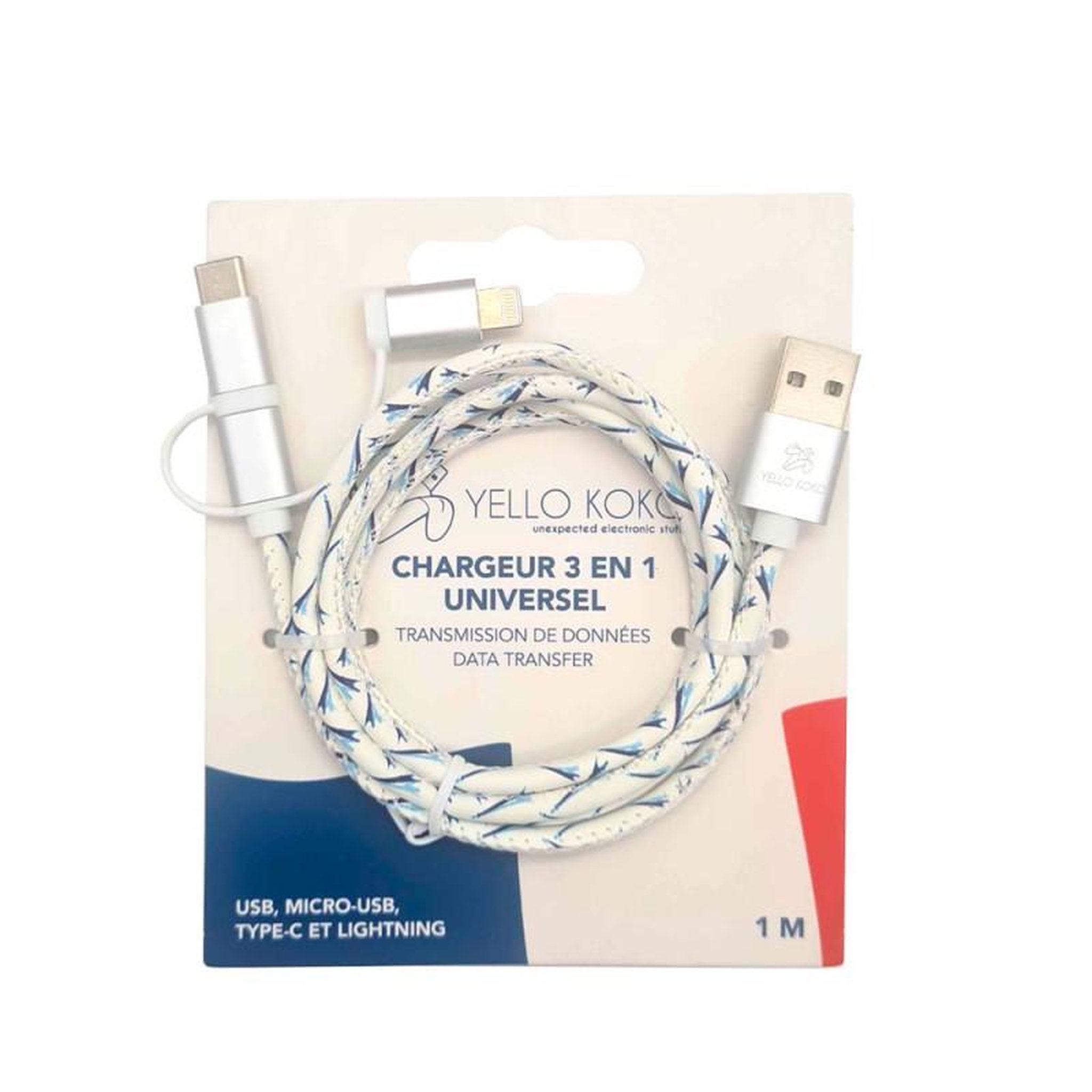 YELLO KOKO Câble Yello koko 3 en 1 Kami YKCBLKAMIMULTI1M1CW USB A USB C Micro USB et Lightning 1 m Blanc et Bleu