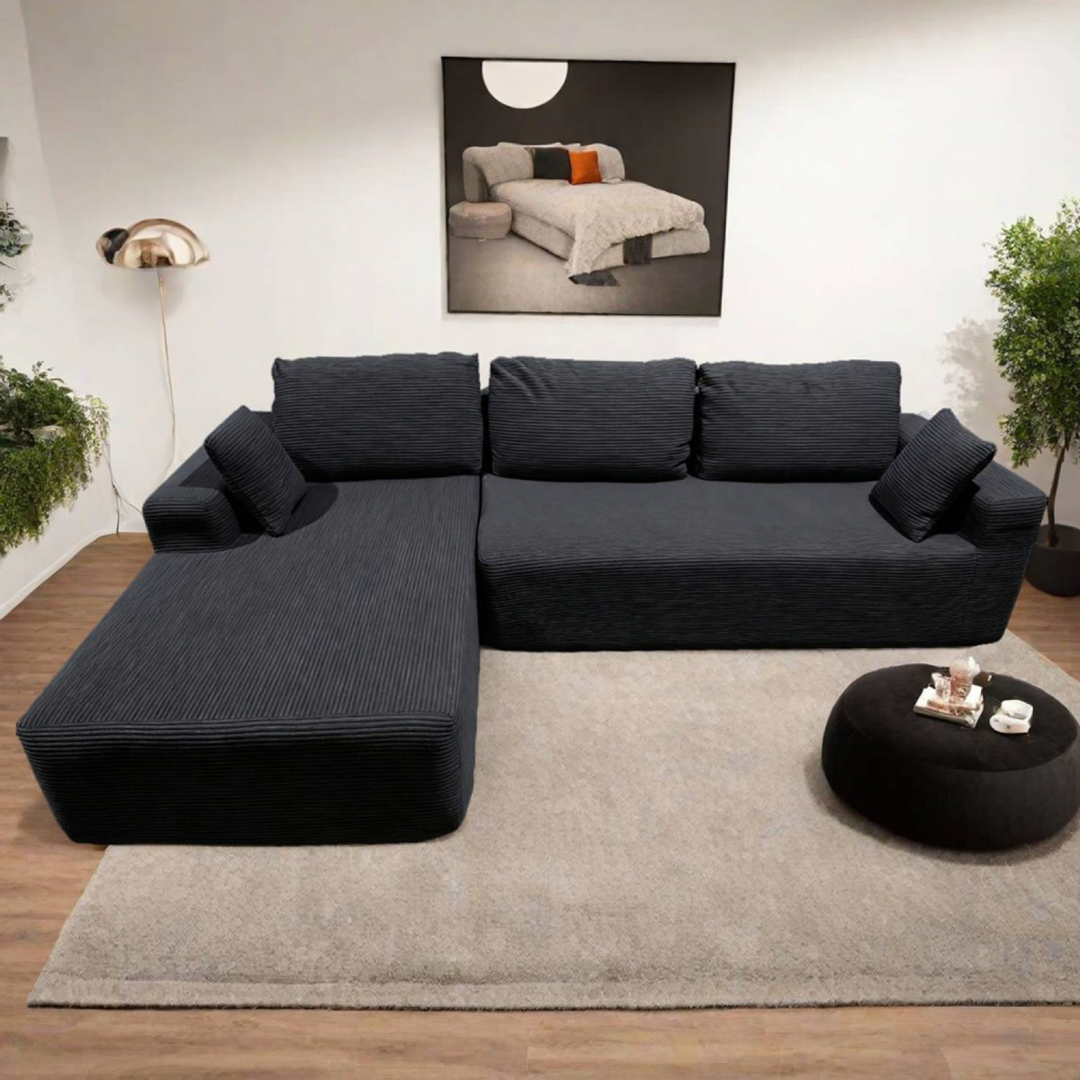 CONCEPT USINE Canapé d'angle 3 places en velours côtelé gris anthracite HOVE