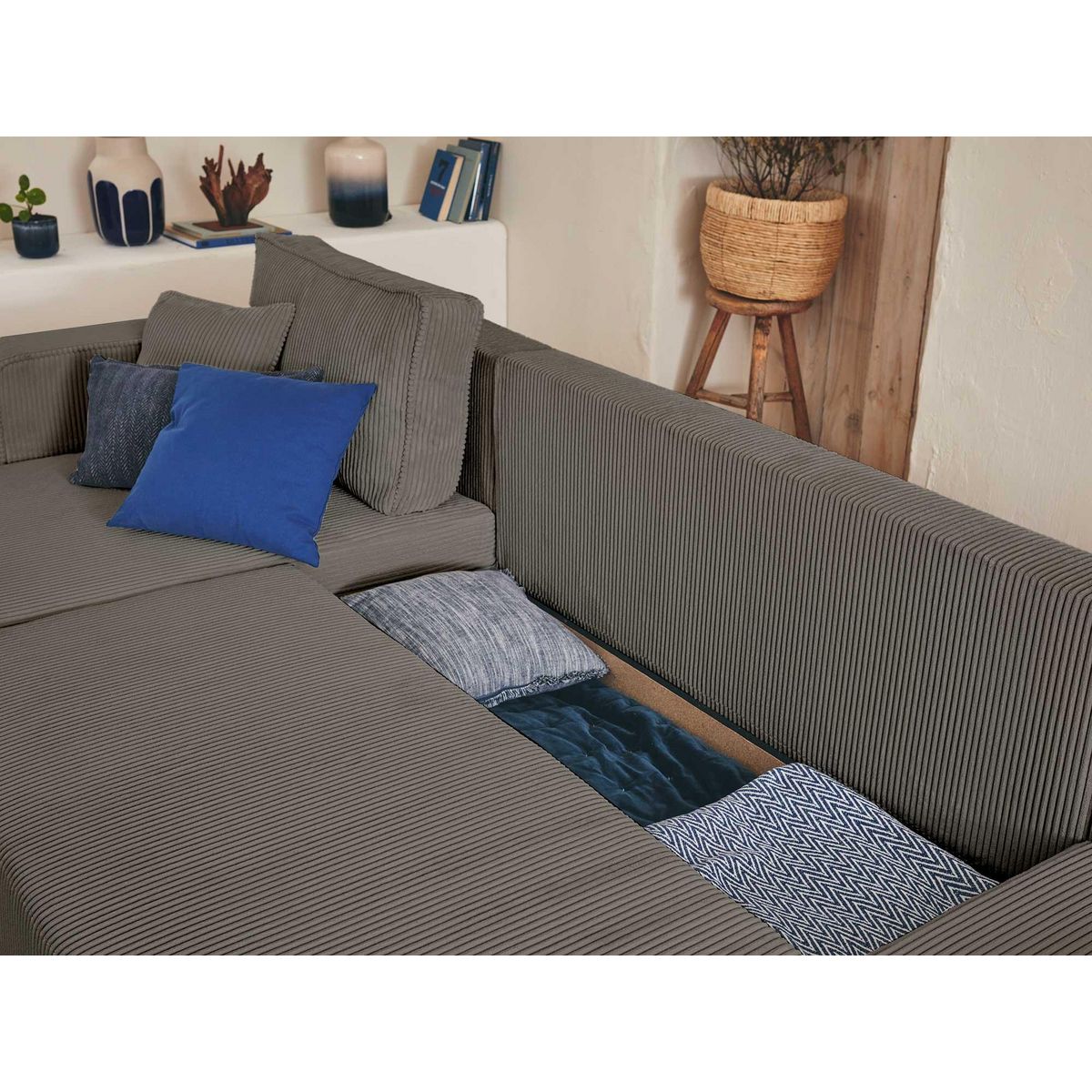 BEST MOBILIER Topaze - canapé panoramique en u - 7 places - convertible avec coffre - en velours côtelé