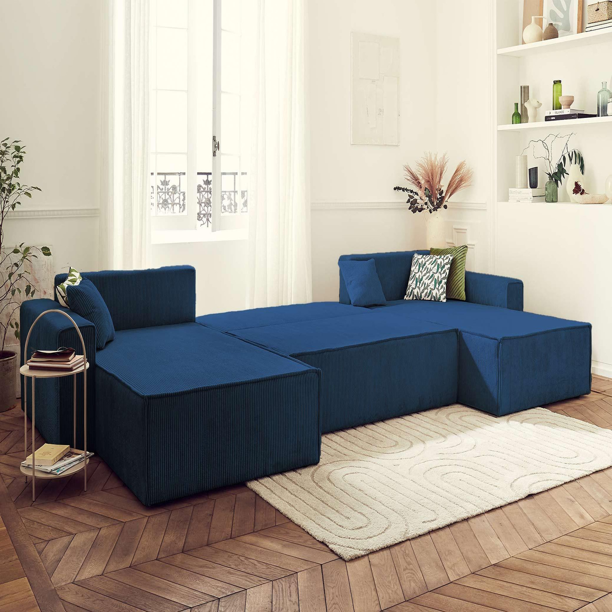 Voir la diapositive 2 : BEST MOBILIER Dellia - canapé panoramique en u - 7 places - convertible - avec coffre - en velours côtelé