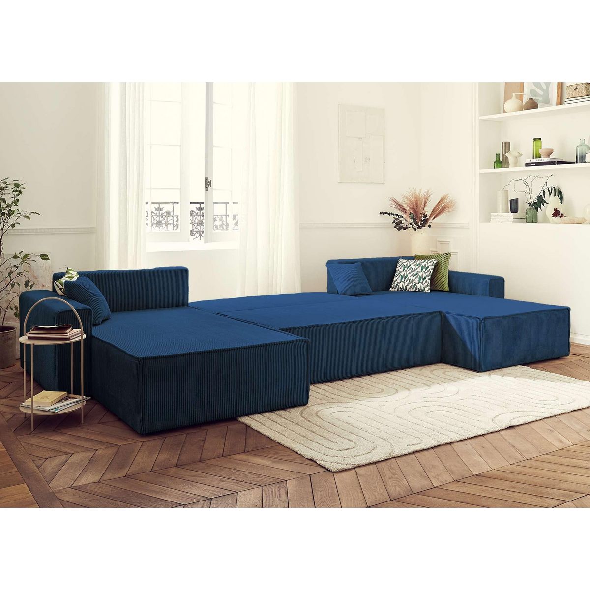 BEST MOBILIER Dellia - canapé panoramique en u - 7 places - convertible - avec coffre - en velours côtelé