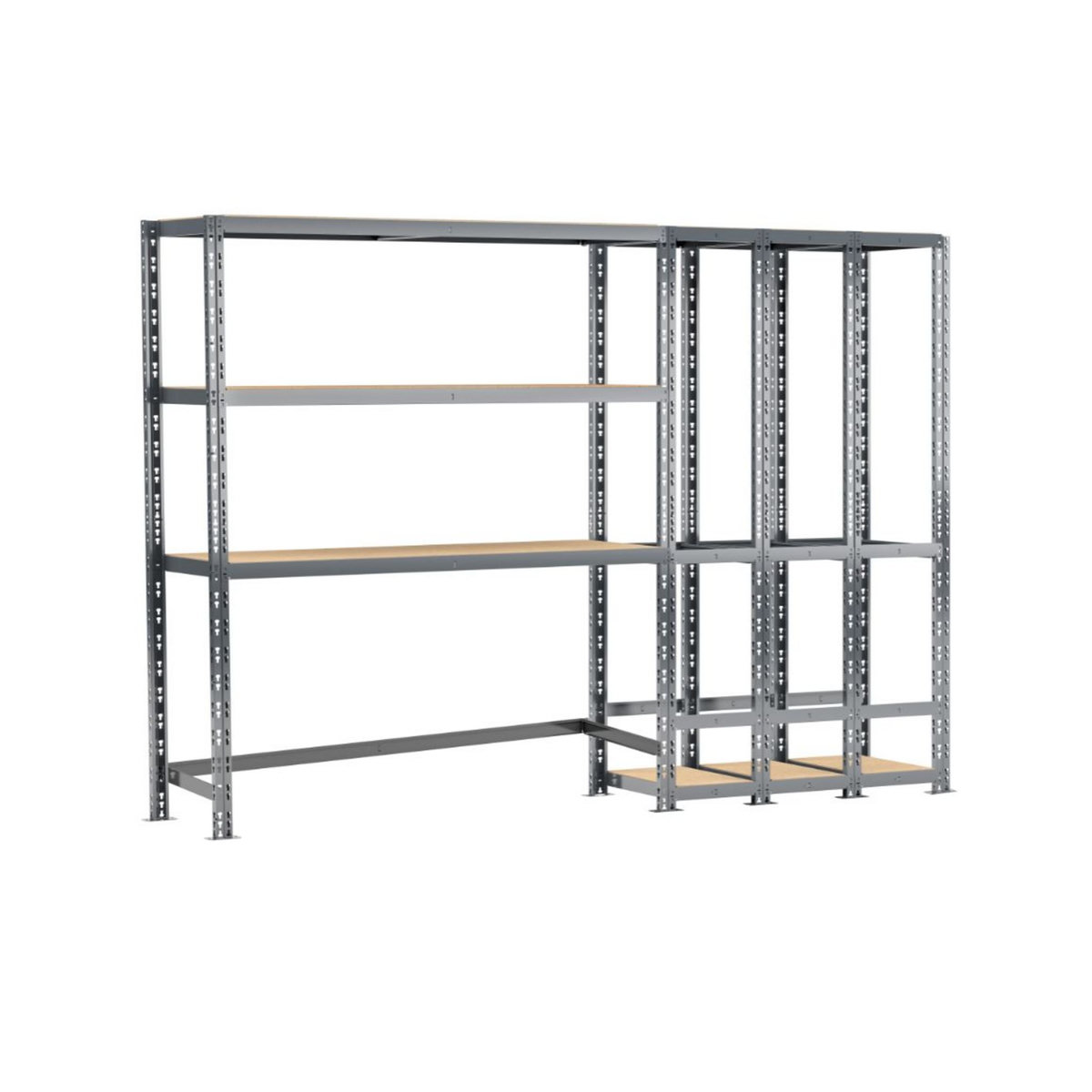 Concept rangement de garage MODULÖ STORAGE SYSTEME EXTENSION 2 étagères 5 plateaux longueur 255 cm