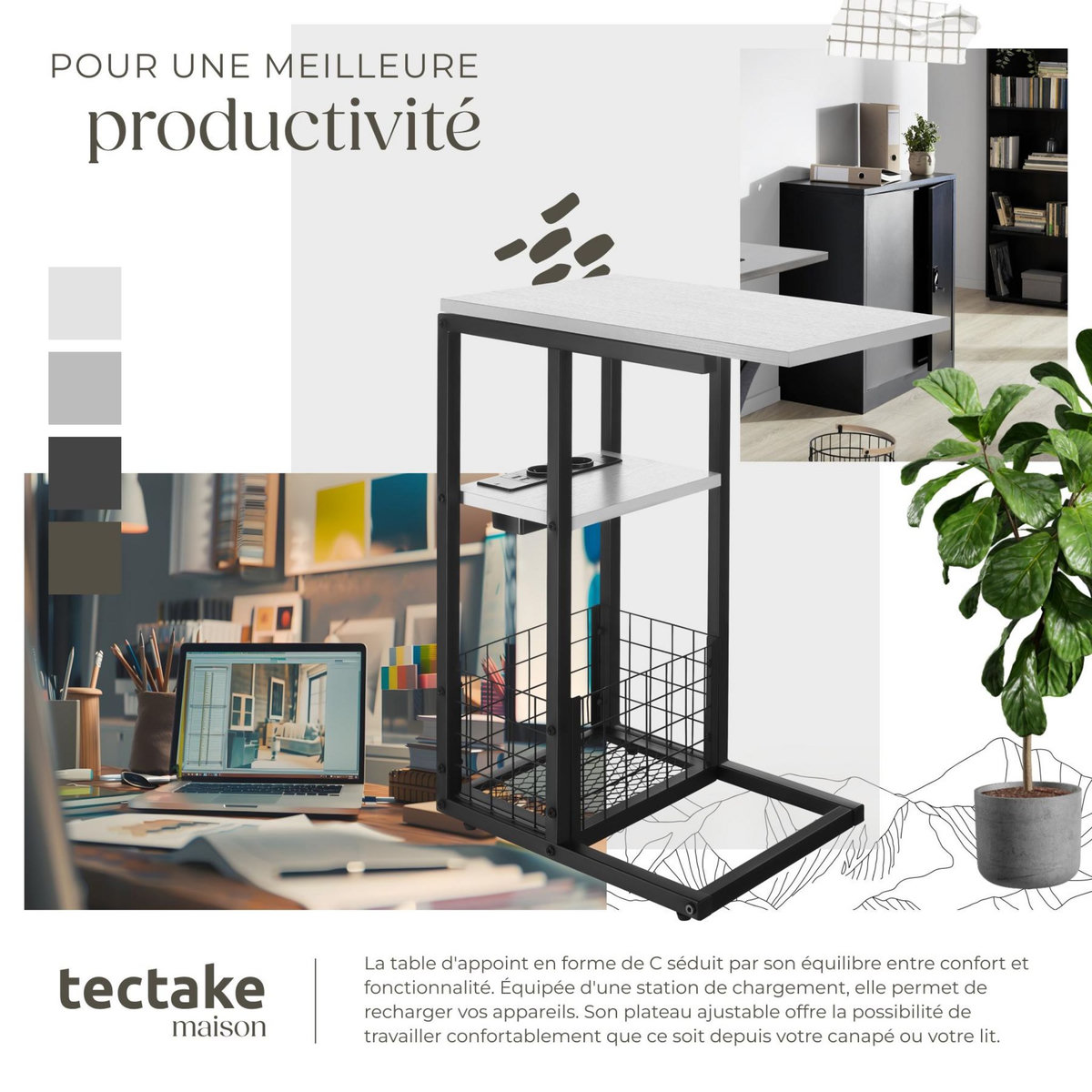 tectake Table d'appoint pour ordinateur portable avec station de charge intégrée avec port USB et AC et plateau de table coulissant blanc