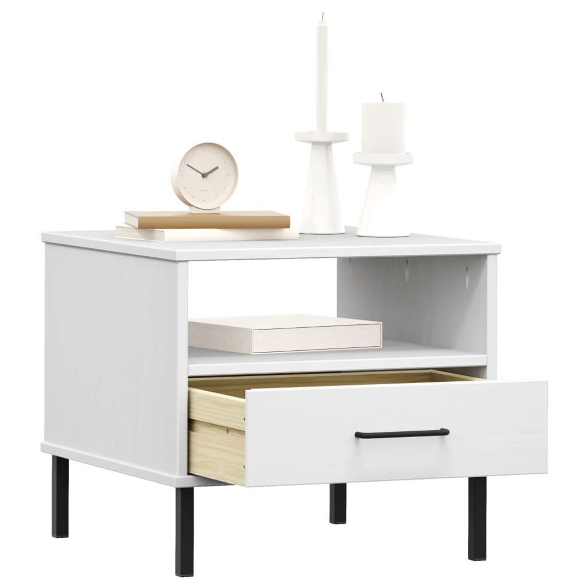 VIDAXL Table de chevet avec pieds en metal Blanc Bois pin massif OSLO
