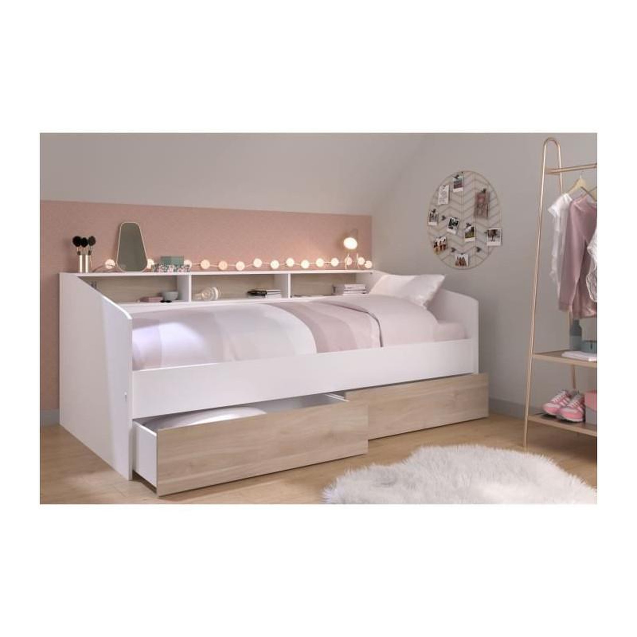 Voir la diapositive 2 : PARISOT Lit banquette 2 tiroirs 90 x 200/190 cm - MDF - Mat décor chene et blanc - JOY - 2339ENSE