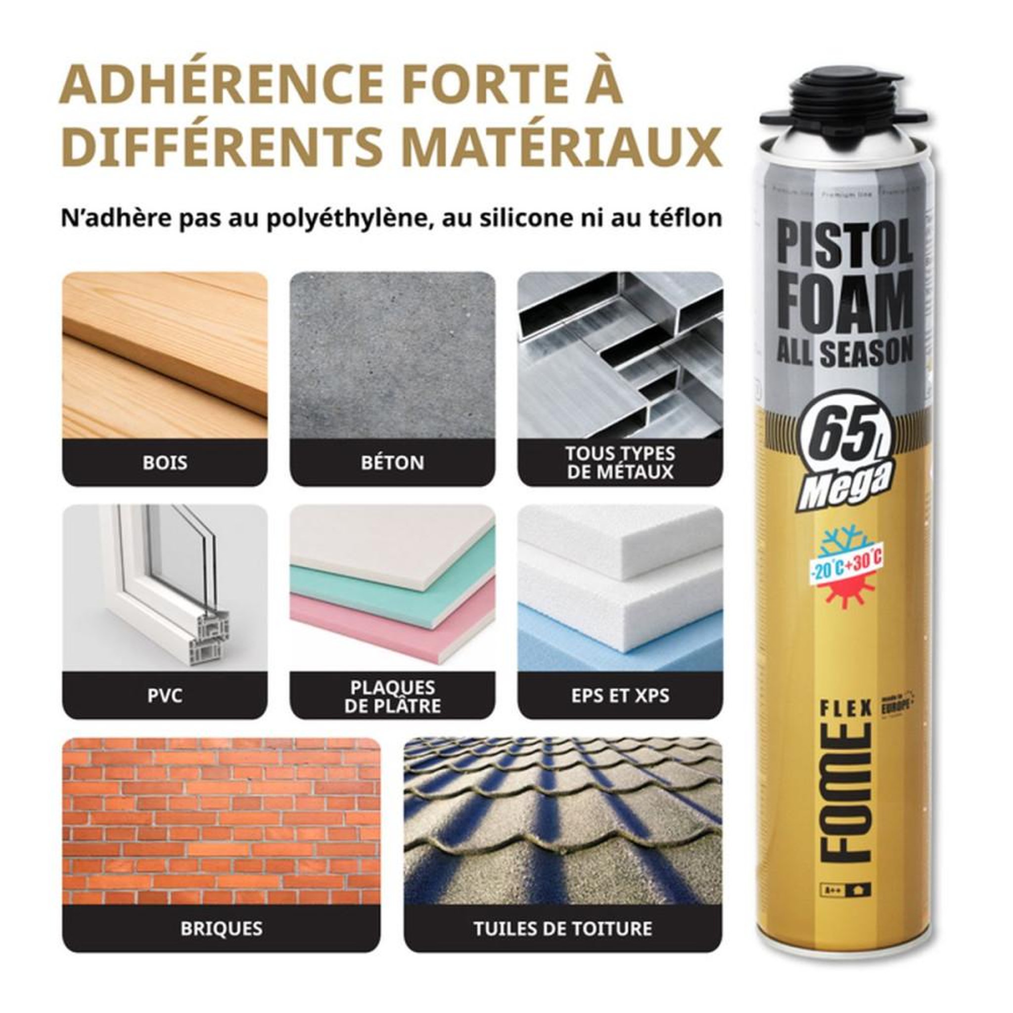 Voir la diapositive 6 : Mousse polyuréthane pistoletable toutes saisons jaune jusqu'à 65 L, application au pistolet, pour montage, étanchéité et isolation