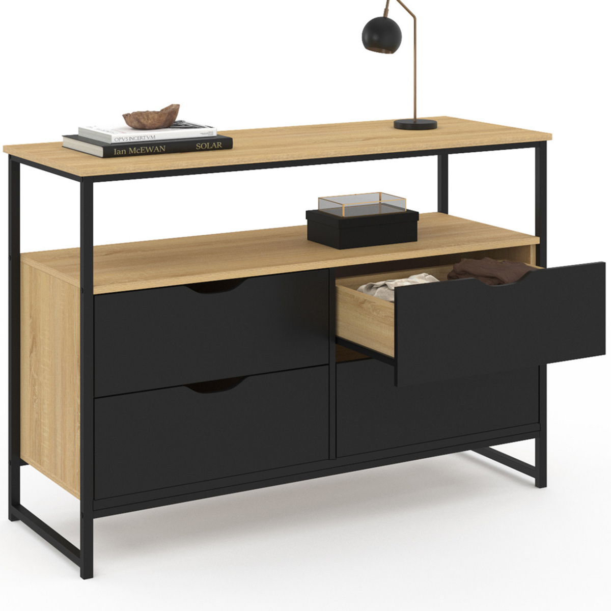 ID MARKET Commode 4 tiroirs noirs BOSTON 110 cm design industriel avec étagère