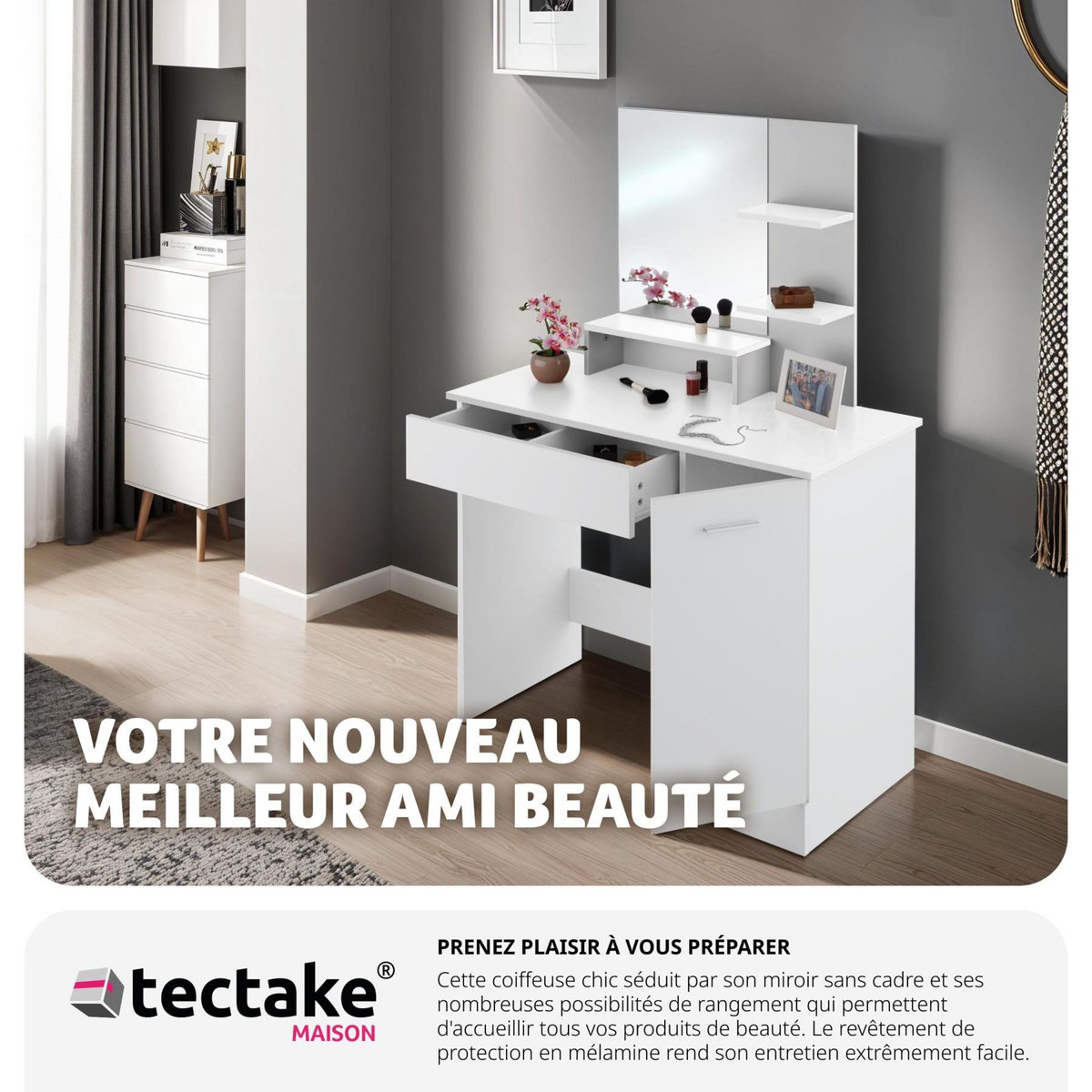 tectake Coiffeuse table de maquillage au look moderne blanc
