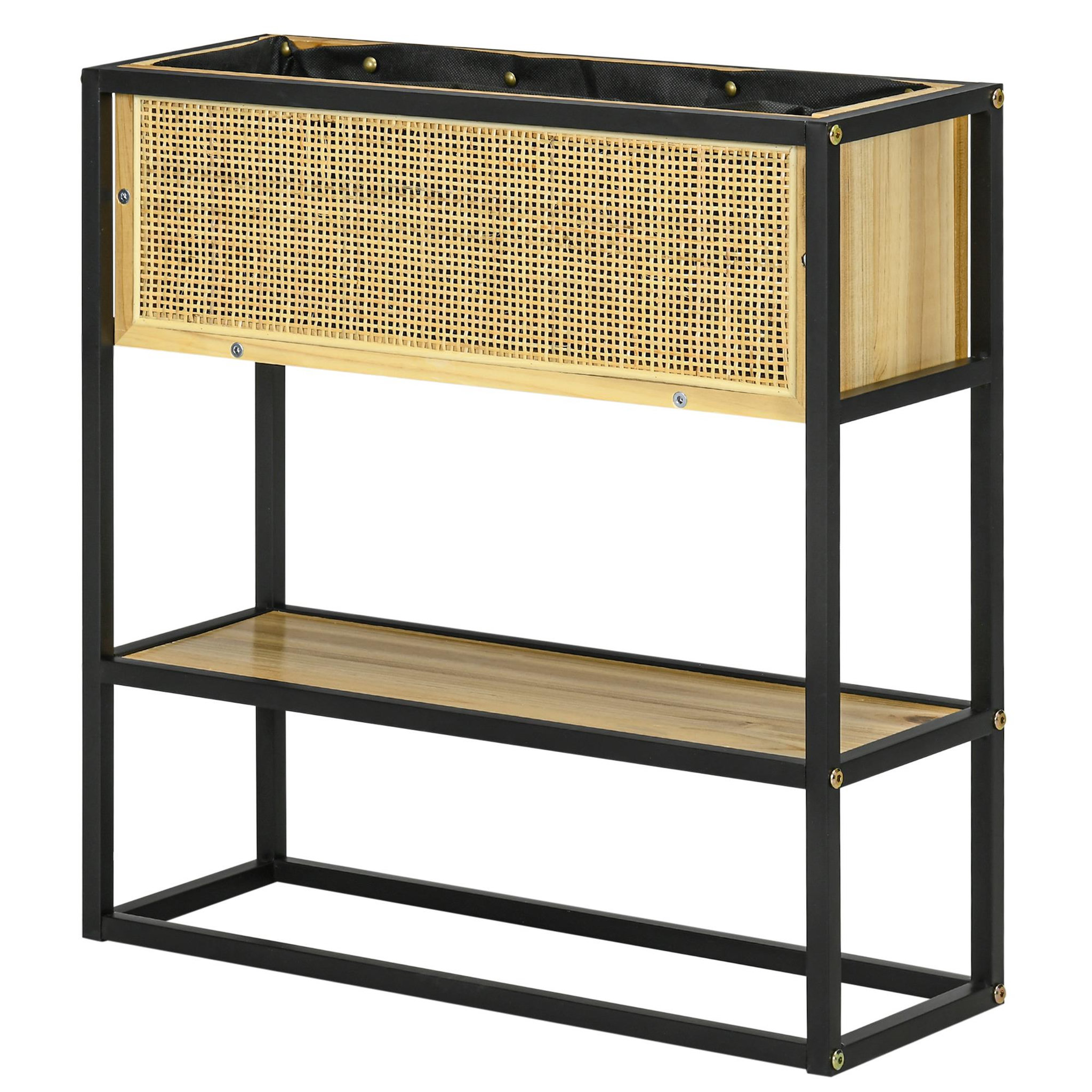 Voir la diapositive 1 : OUTSUNNY Jardinière sur pied style naturel - géotextile inclus, étagère intégrée - métal noir bois sapin verni bambou tressé