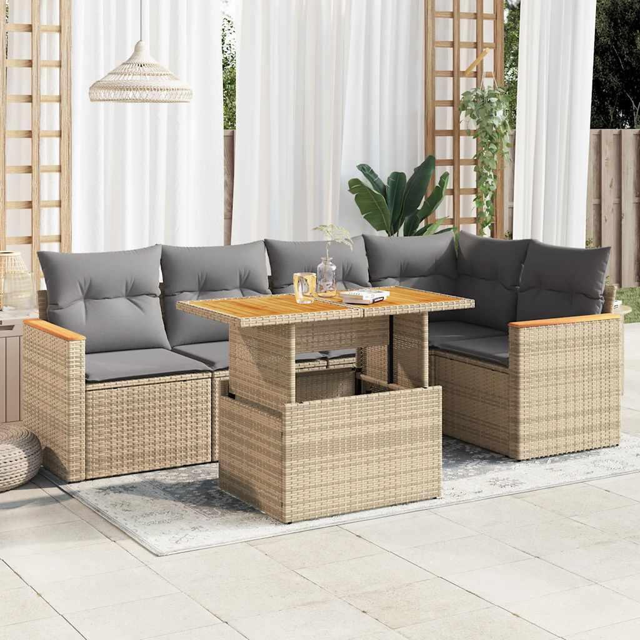 VIDAXL Salon de jardin 6 pcs avec coussins beige resine tressee acacia