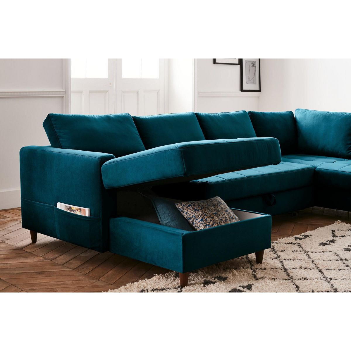 LISA DESIGN Anna - canapé panoramique d'angle droit - 7 places - convertible avec coffre - en velours