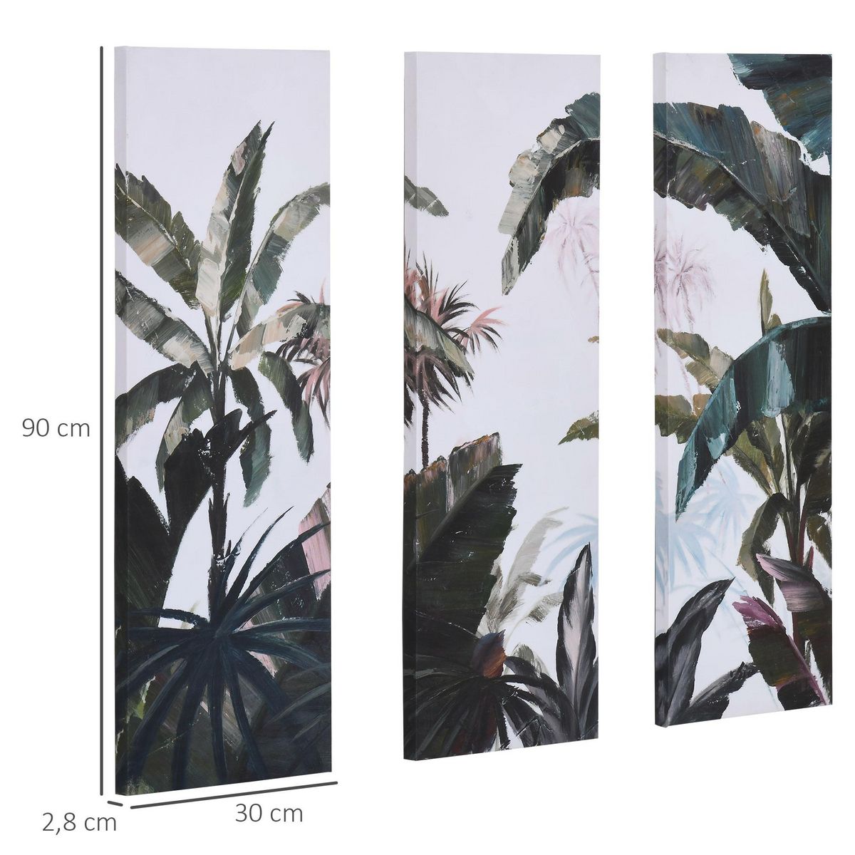 HOMCOM Triptyque imprimé et peint paysage tropical - dim. 90L x 30l cm (x3) - décoration murale - toile 100% polyester structure bois de pin encre vert blanc