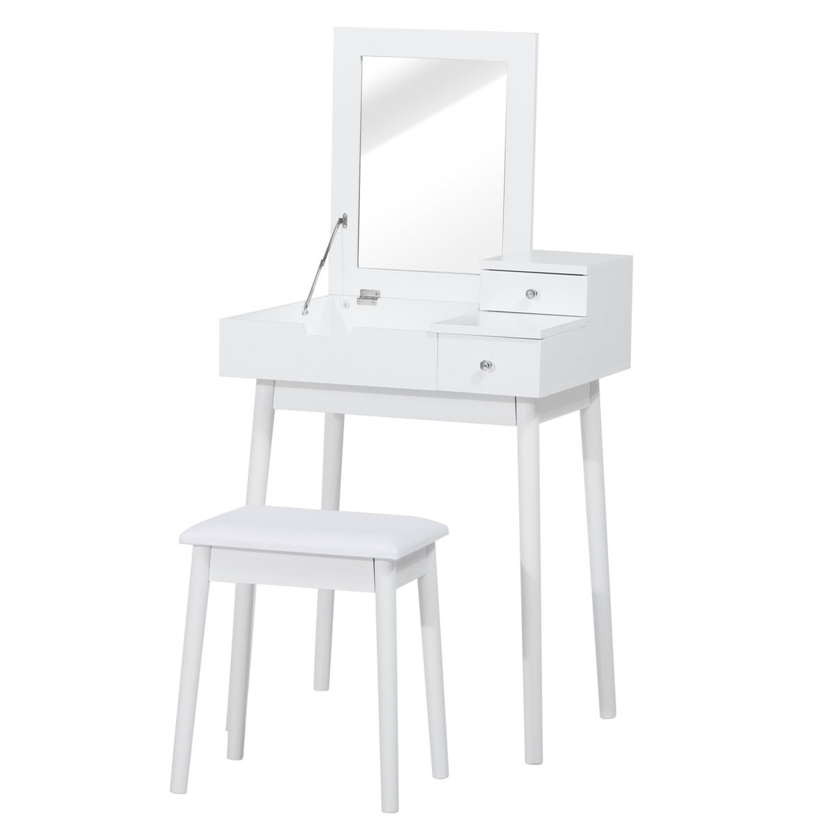 HOMCOM Coiffeuse table de maquillage avec tabouret miroir rabattable coffre + 2 tiroirs MDF bois massif pin blanc
