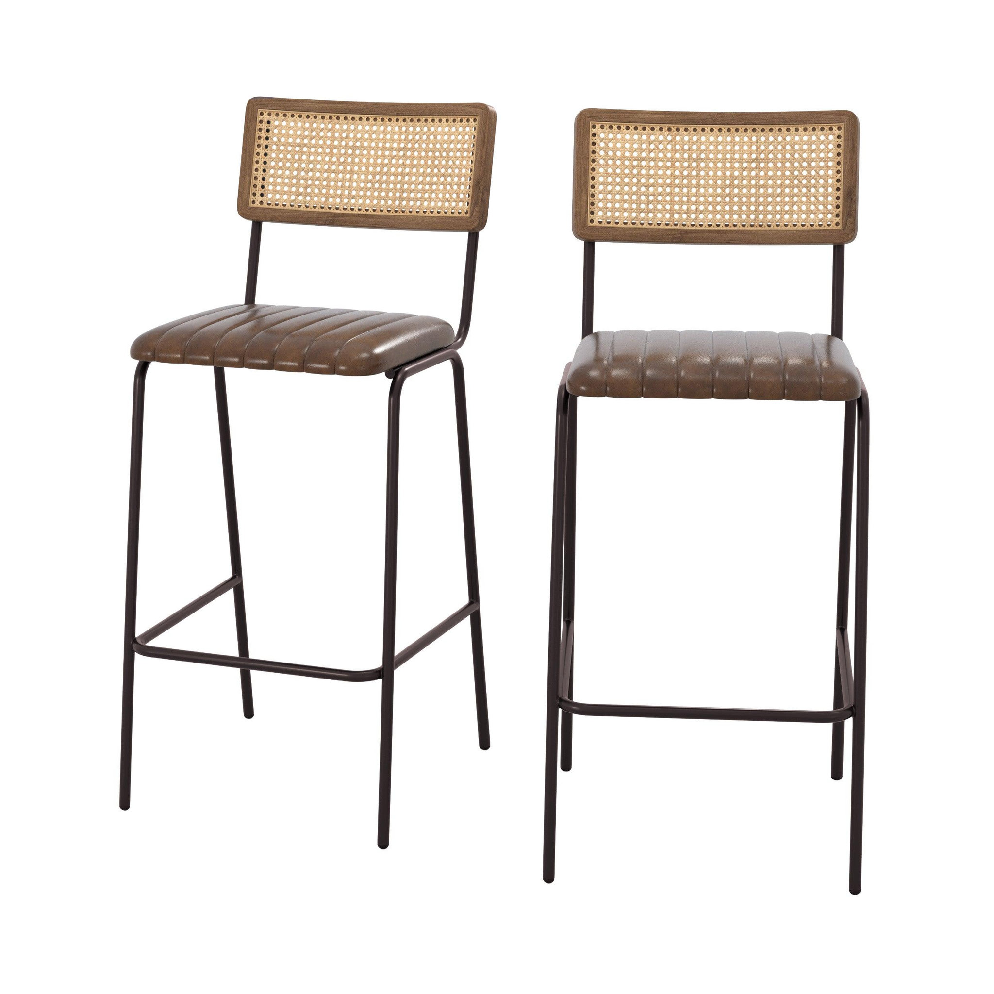 MAISON PAVANE Lot de 2 chaises de bar 76 cm en cannage et cuir marron-arsène