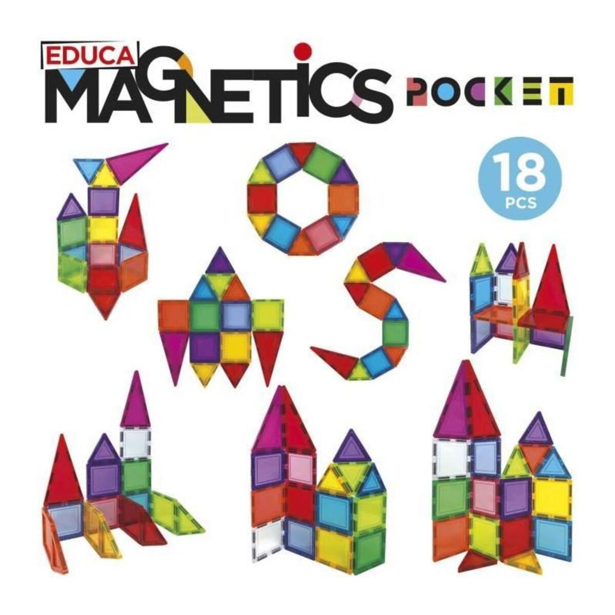 EDUCA Magnetics Mallette - Jeu de construction - EDUCA - 18 blocs magnétiques, 2 animaux, 8 cartes - Des 3 ans
