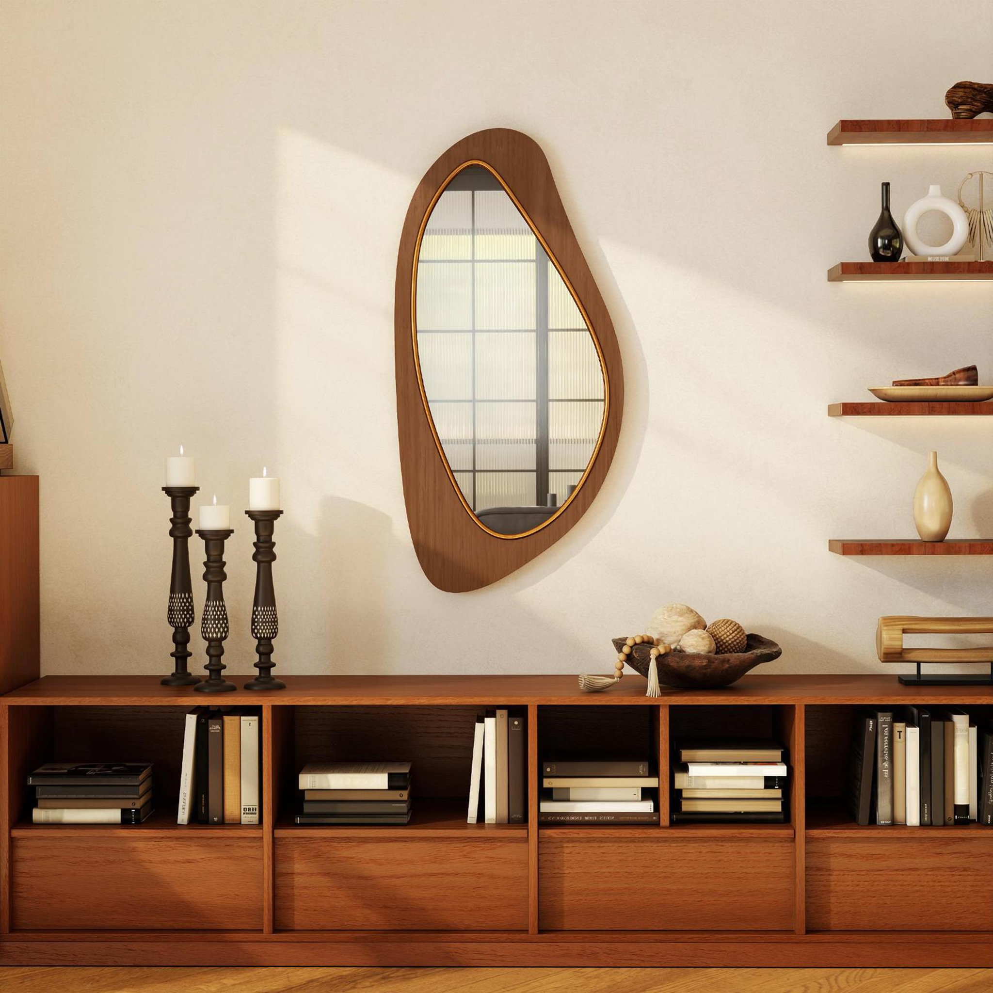 Voir la diapositive 6 : HOMCOM Miroir mural organique cadre bois naturel 45 x 91 cm
