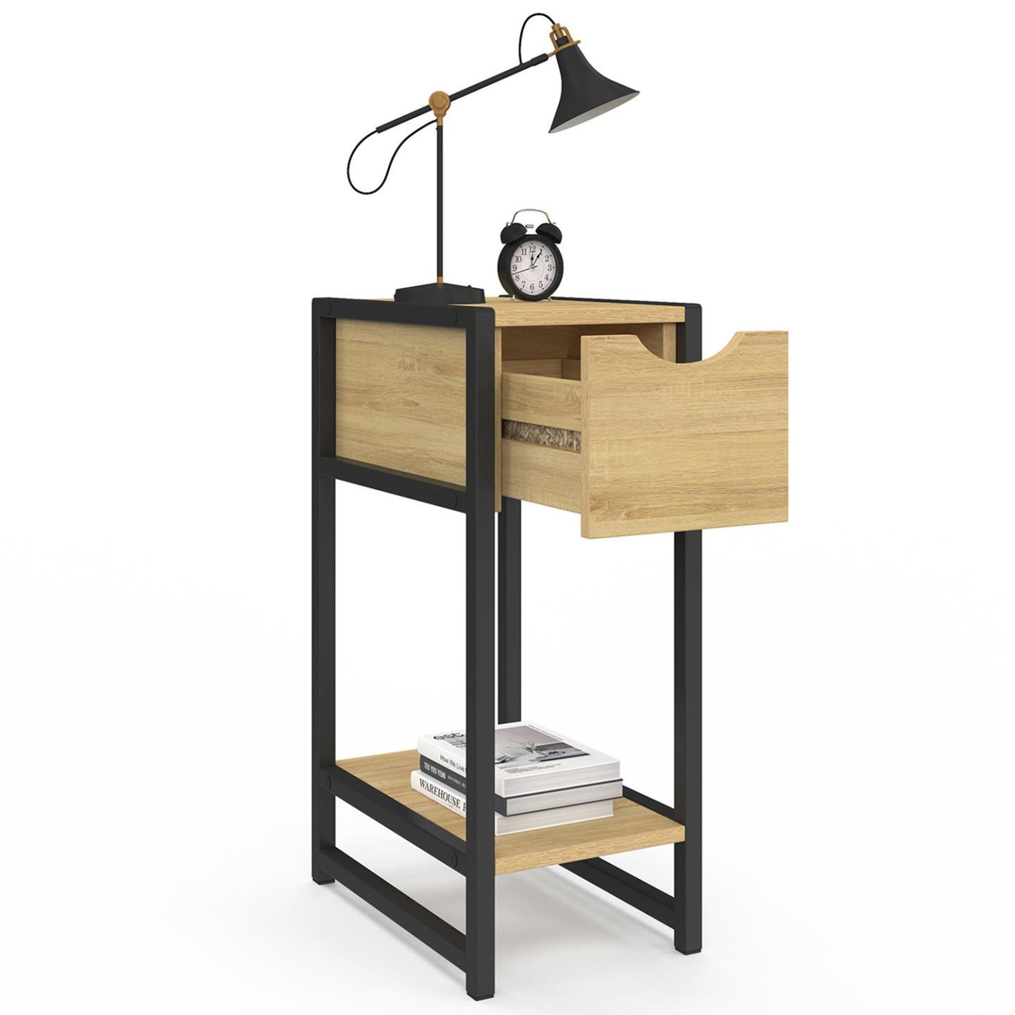 Voir la diapositive 6 : ID MARKET Lot de 2 tables de chevet detroit 1 tiroir avec tablette gain de place bois et métal noir design industriel