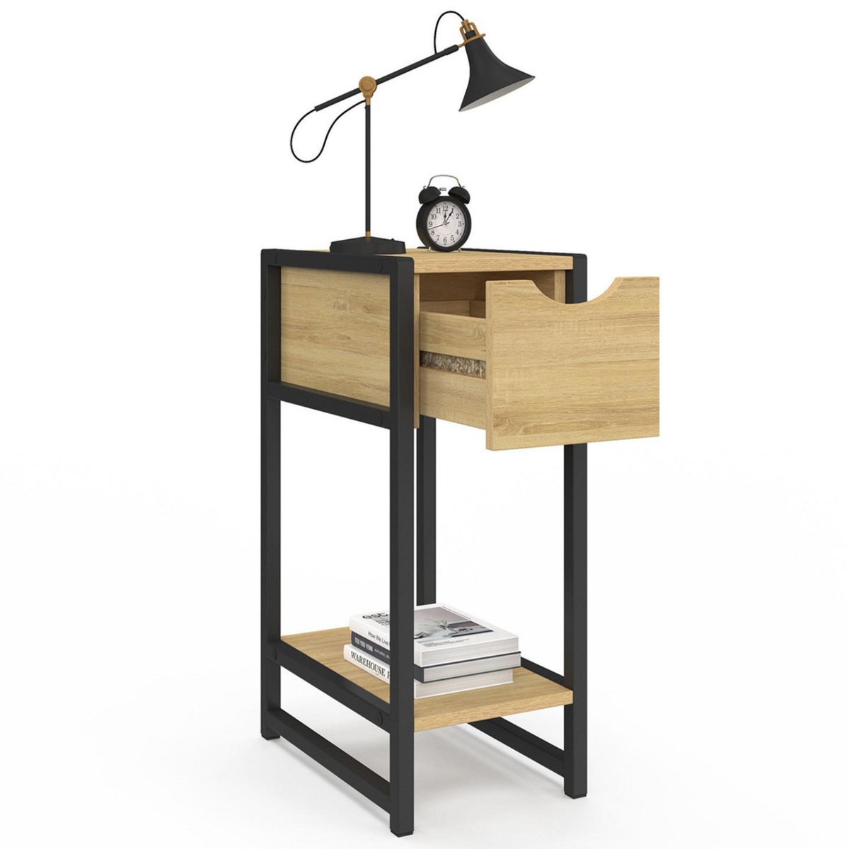 ID MARKET Lot de 2 tables de chevet DETROIT 1 tiroir avec tablette gain de place bois et métal noir design industriel