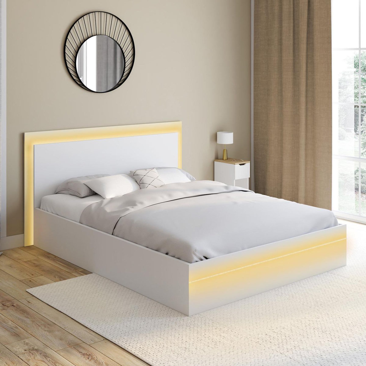 ID MARKET Lit double CHARLIE 140 x 190 cm avec sommier et LED intégrées blanc
