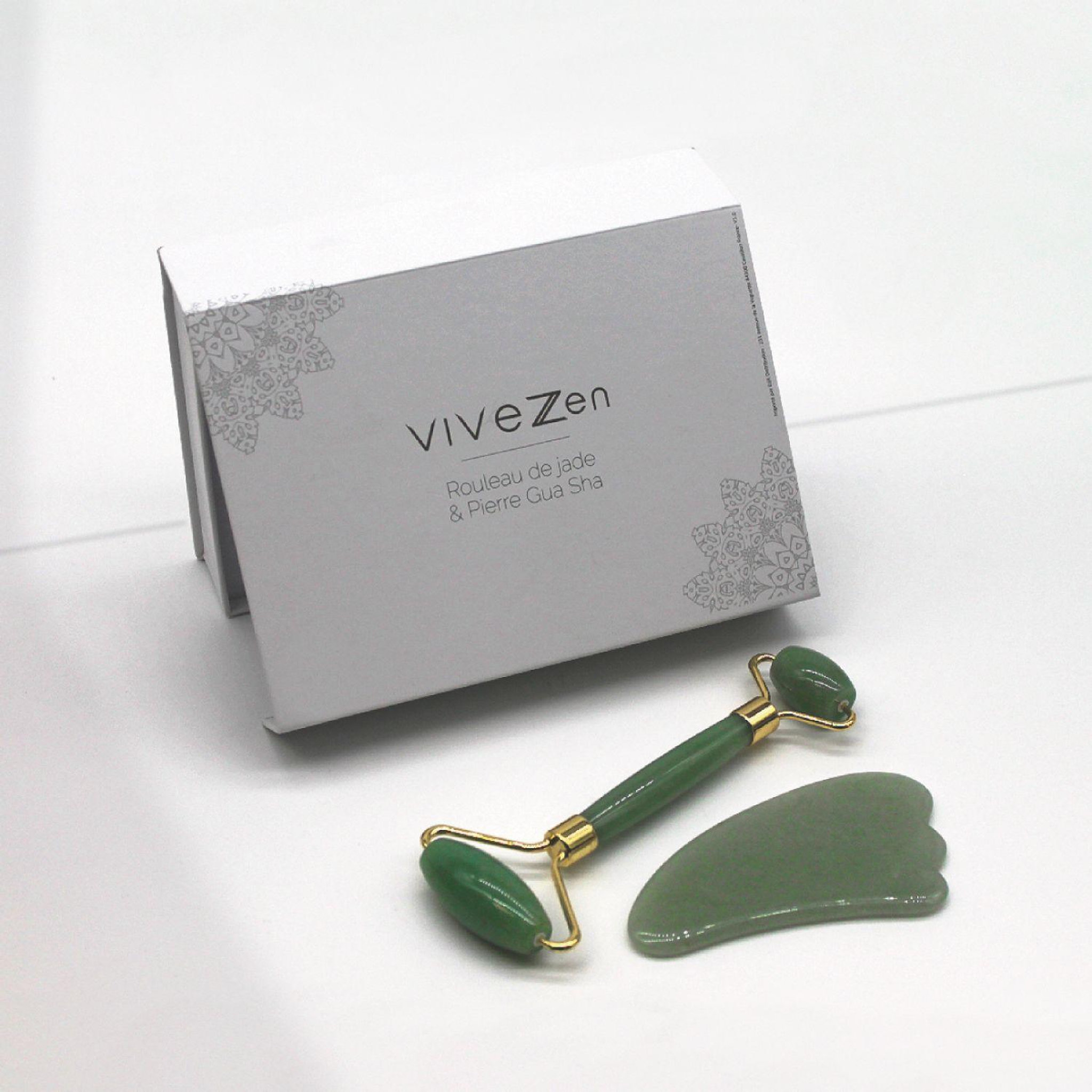 Voir la diapositive 4 : VIVEZEN Rouleau de massage en pierre de jade et Gua Sha - Vert