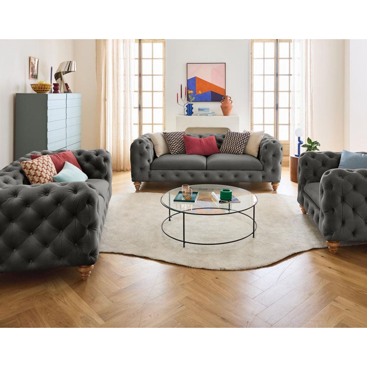 LISA DESIGN Walter - canapé 3 places chesterfield en velours - pieds bois