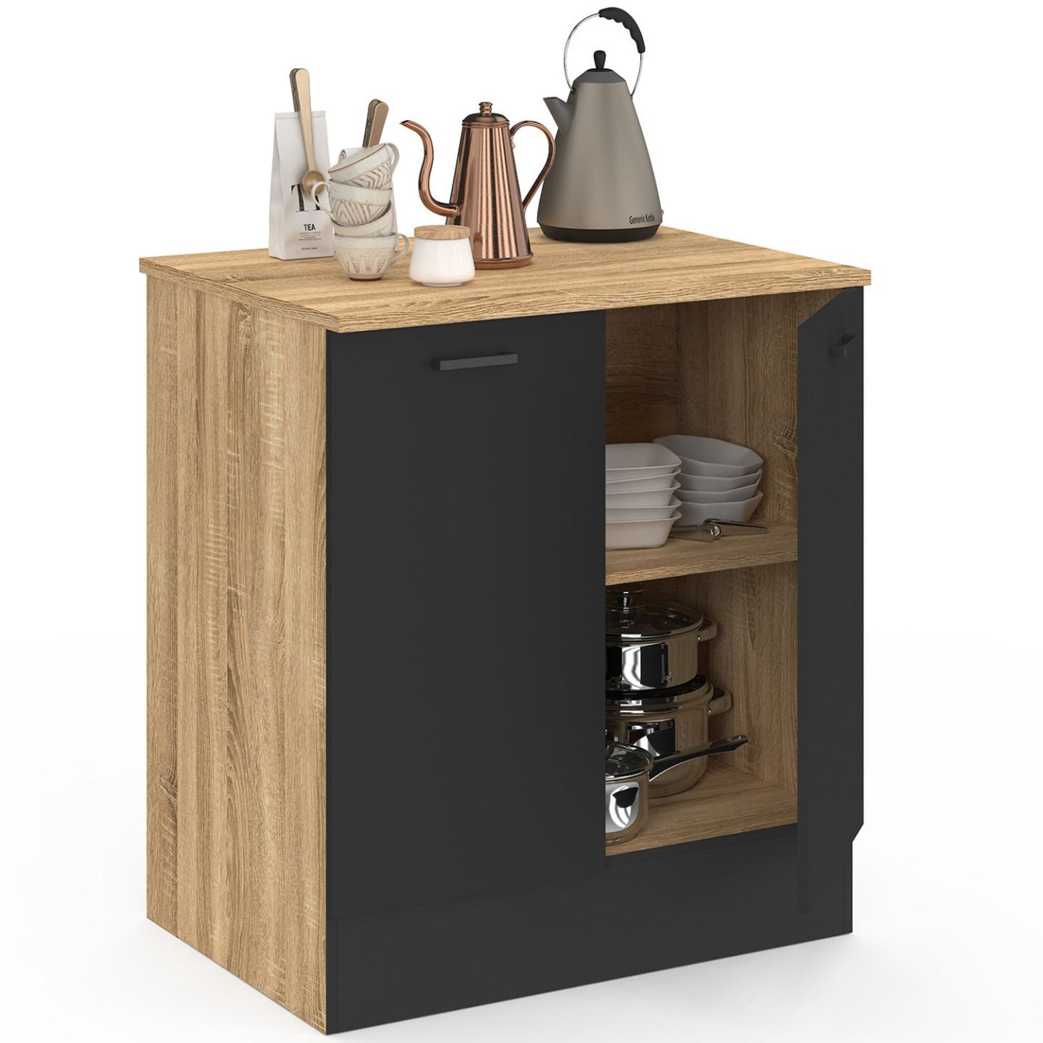 Voir la diapositive 4 : ID MARKET Meuble bas de cuisine 80 cm stil appoint 2 portes bois et noir
