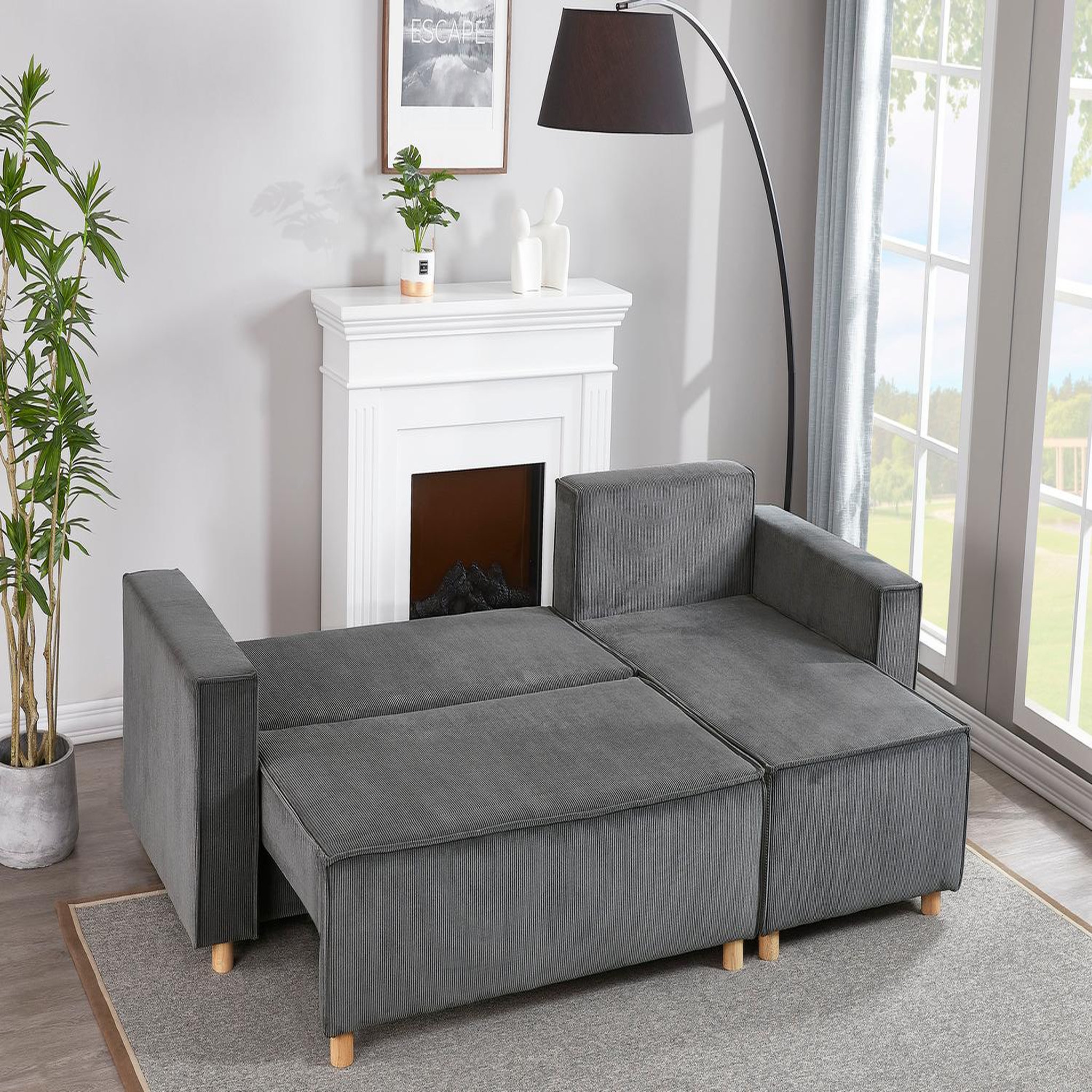 Voir la diapositive 3 : CONCEPT USINE Canapé convertible d'angle réversible 4 places velours côtelé gris cosy