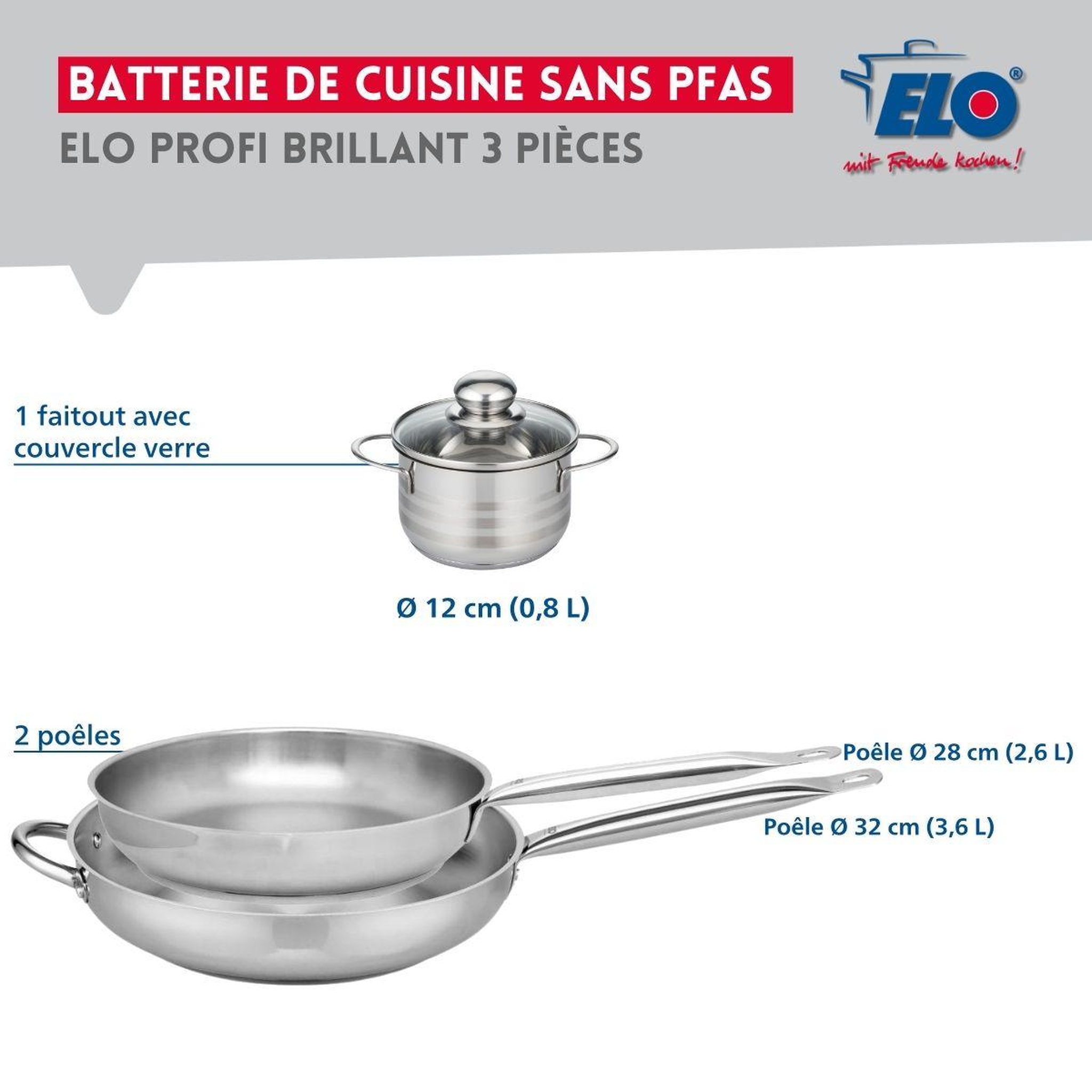 Voir la diapositive 2 : ELO Ensemble de 2 poêles de cuisson 28 et 32 cm et 1 faitout 12 cm elo profi brillant