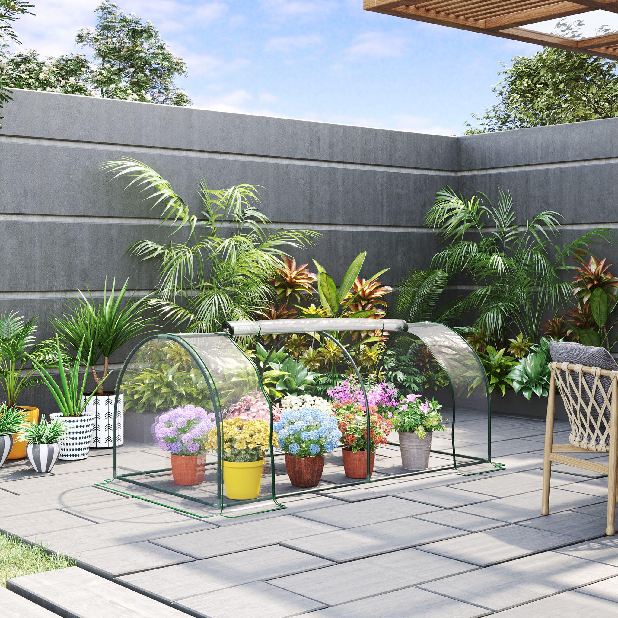 Voir la diapositive 2 : OUTSUNNY Serre de jardin tunnel serre à tomates dim. 2L x 1l x 0,8H m 2 portes zippées bâche PVC transparent acier époxy vert