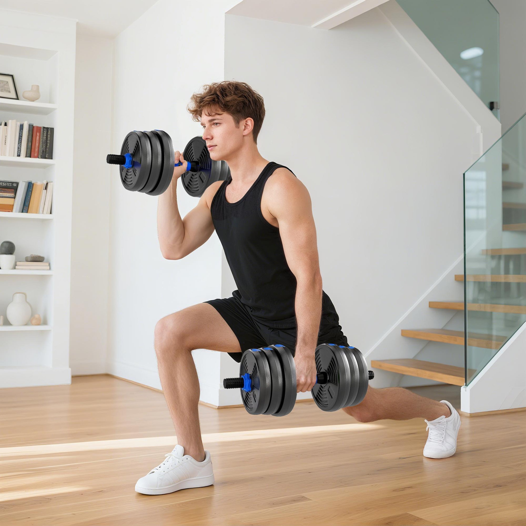 Voir la diapositive 2 : HOMCOM Ensemble d'haltères musculation multifonction 3 en 1 - haltères, olympic barre, curl ez barre - total 25kg - pvc bleu noir