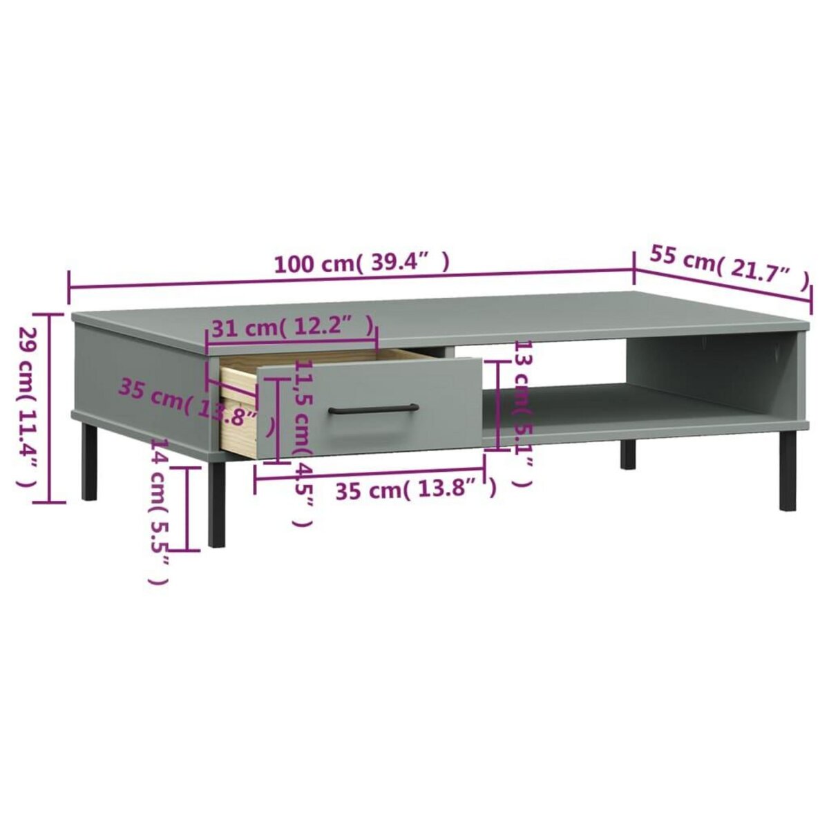 VIDAXL Table basse avec pieds en metal Gris Bois pin massif OSLO