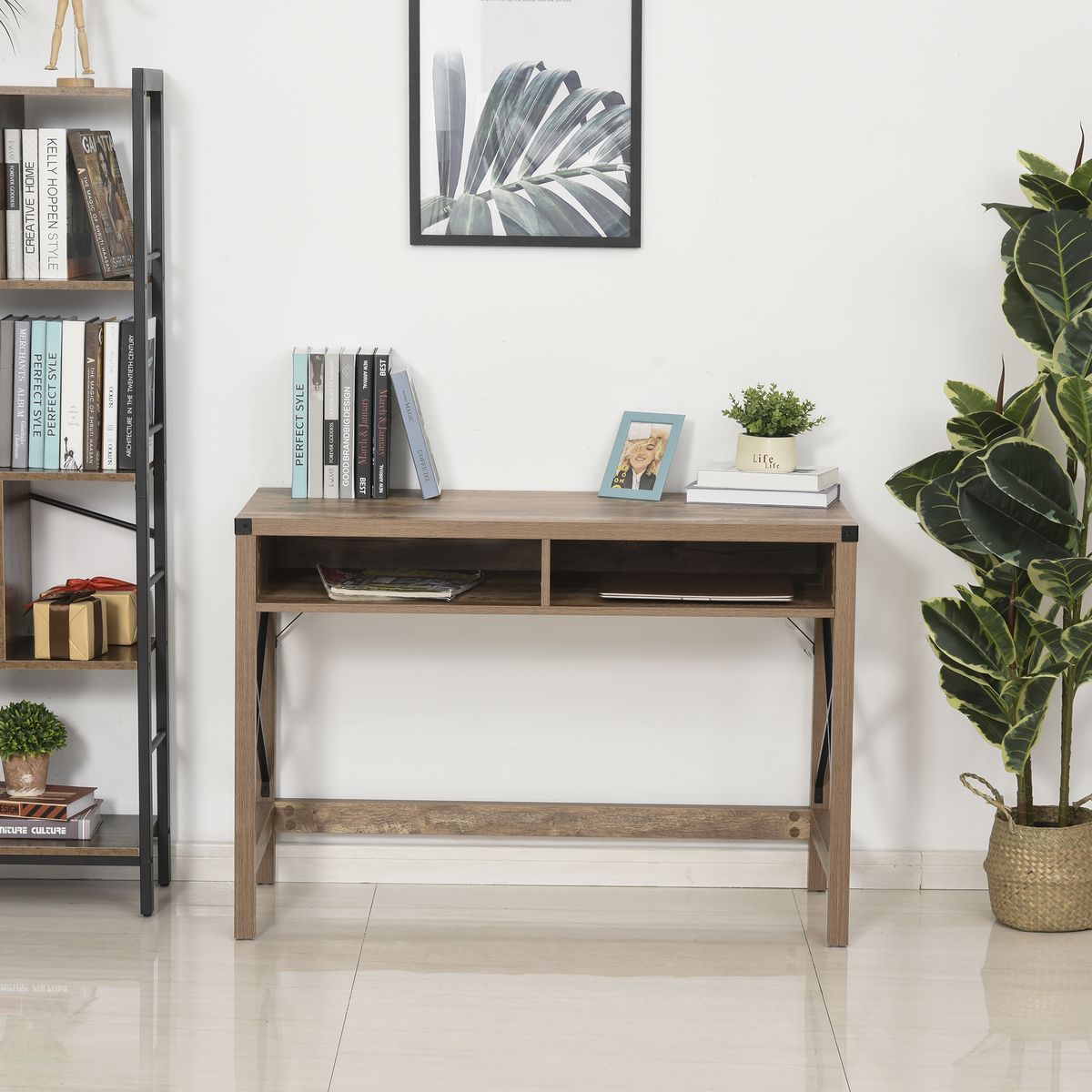 HOMCOM Bureau design industriel grand plateau 2 niches métal noir panneaux particules imitation bois veinage marron