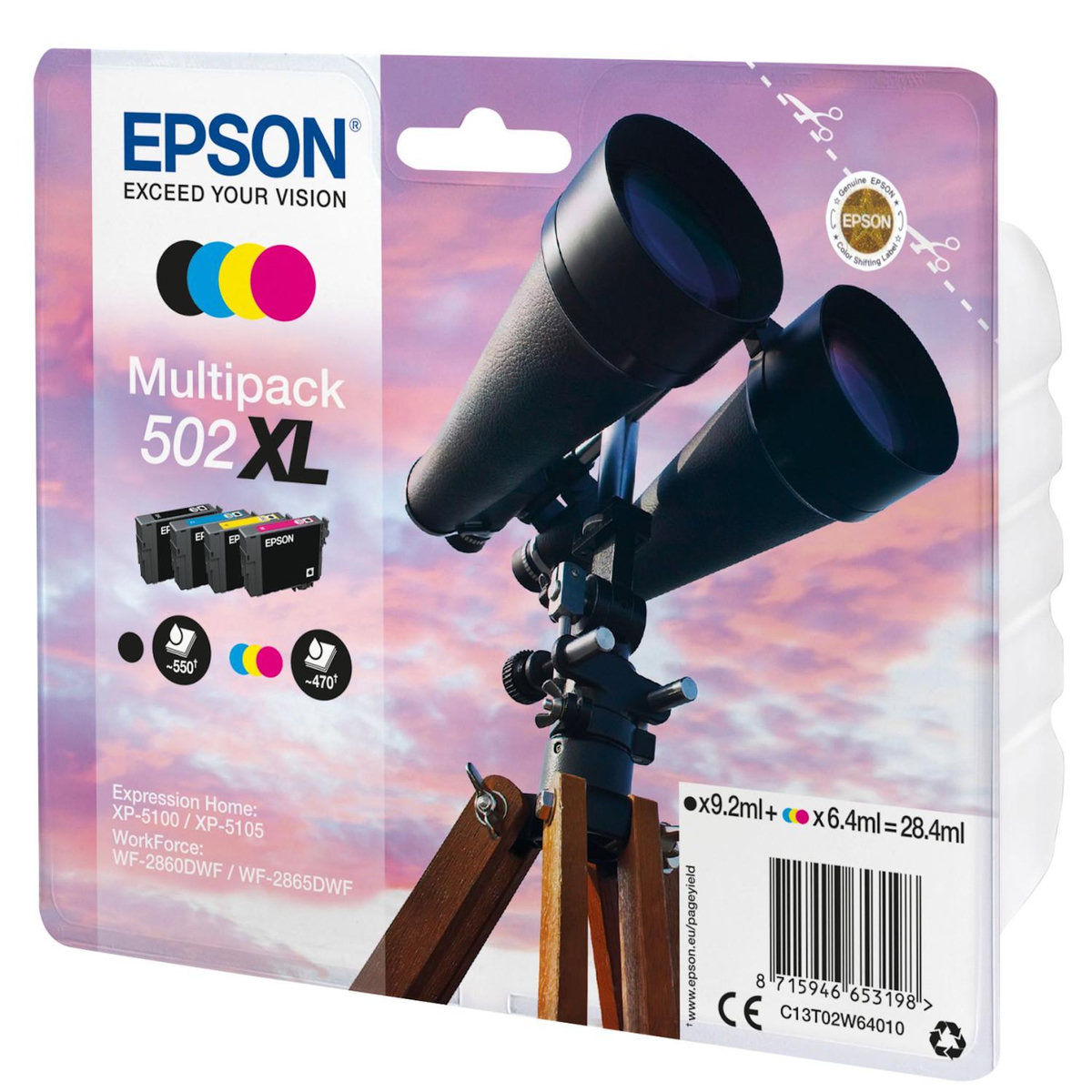 Epson Cartouche d'encre Pack Multipack 4 Originales 502 XL (Noir + 3 Couleurs) - C13T02W64010