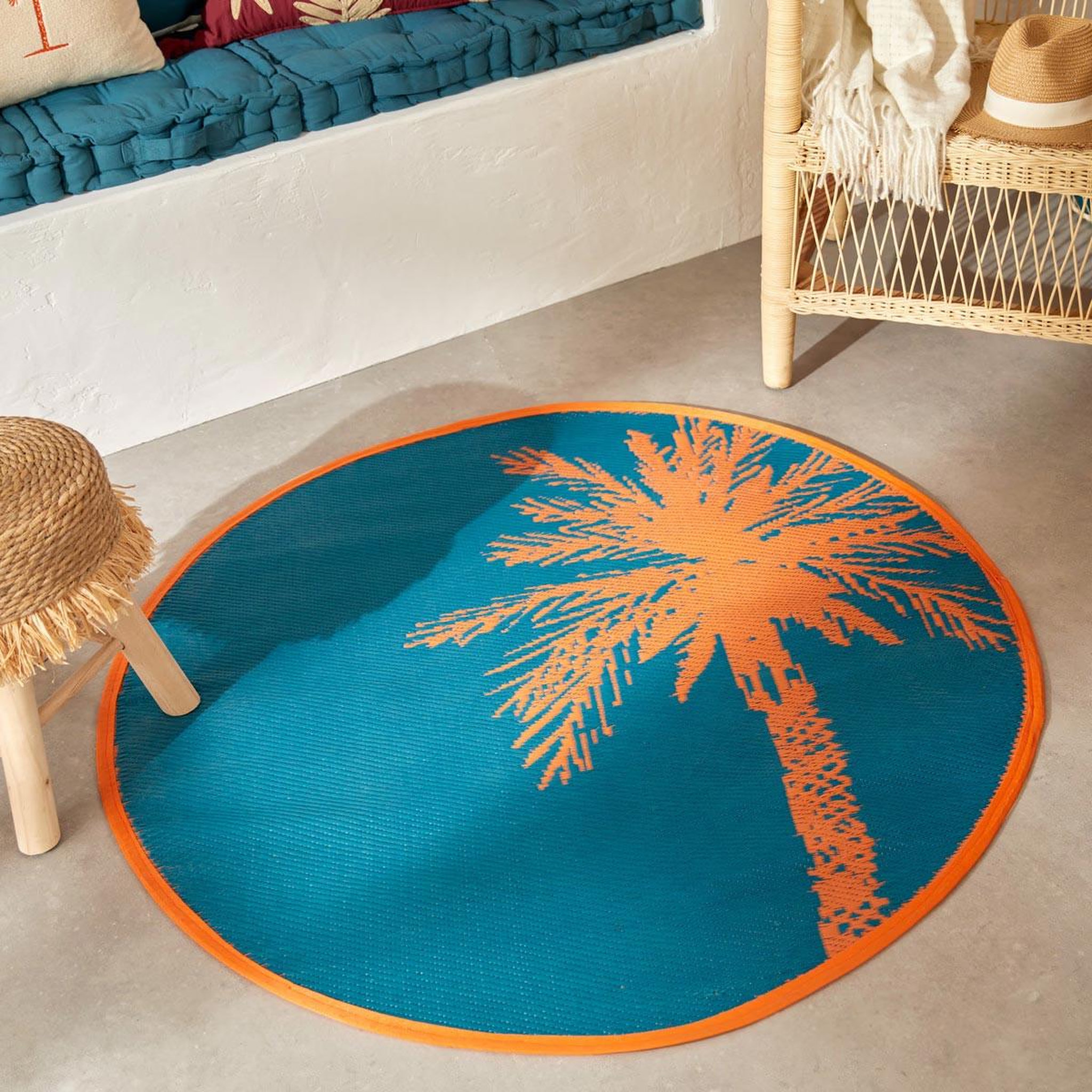 Voir la diapositive 2 : ATMOSPHERA Tapis déco palmier  yucatan  120cm bleu canard