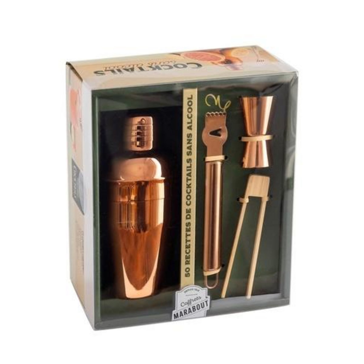 COCKTAIL SANS ALCOOL. COFFRET AVEC 1 SHAKER CUIVRE, 1 PINCE EN BAMBOU, 1 DOSEUR CUIVRE, 1 ZESTEUR CUIVRE ET 1 LIVRE AVEC 50 RECETTES DE COCKTAILS SANS ALCOOL, Hwang Caroline