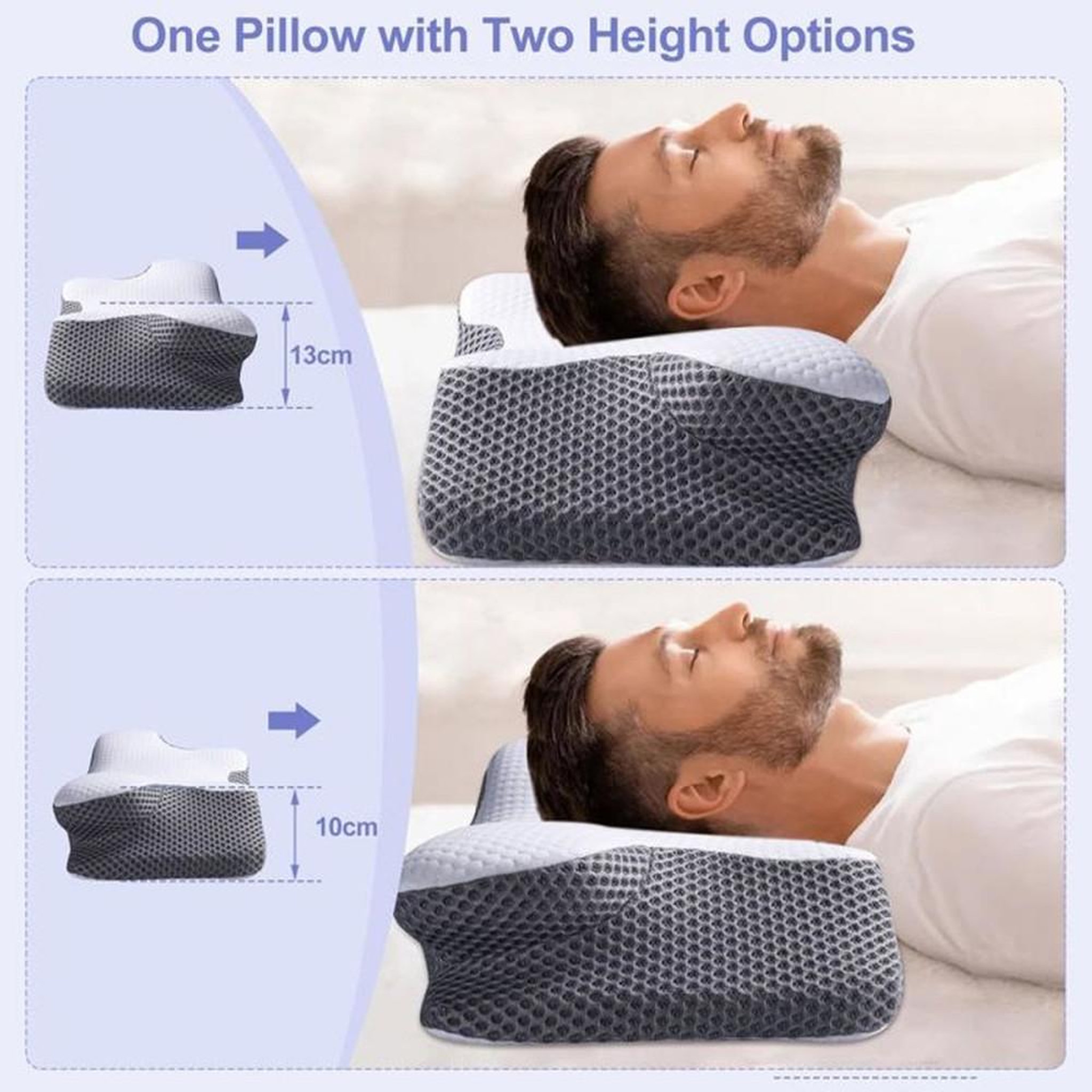 Voir la diapositive 3 : Oreiller cervical ergonomique en mousse à mémoire de forme haute densité, soutien profilé pour nuque et épaules (60 x 34 x 10/13 cm), blanc et gris foncé