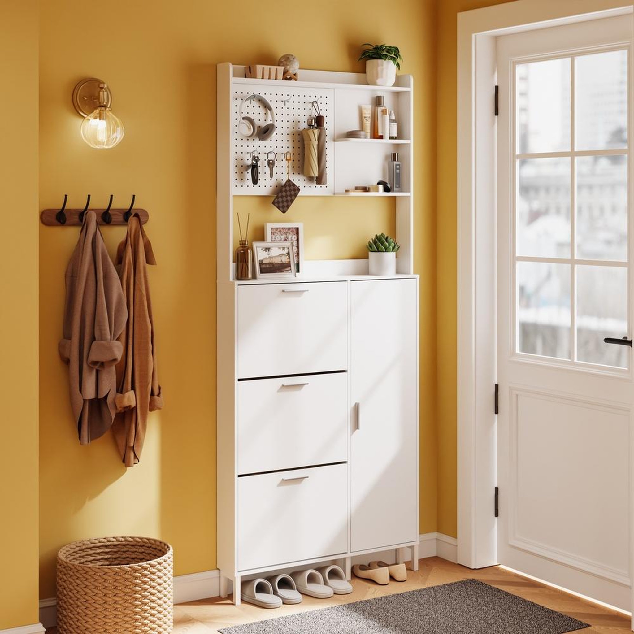Voir la diapositive 2 : SOBUY Armoire à chaussures blanc 12 paires étroite 14 cm 3 tiroirs basculants 1 porte