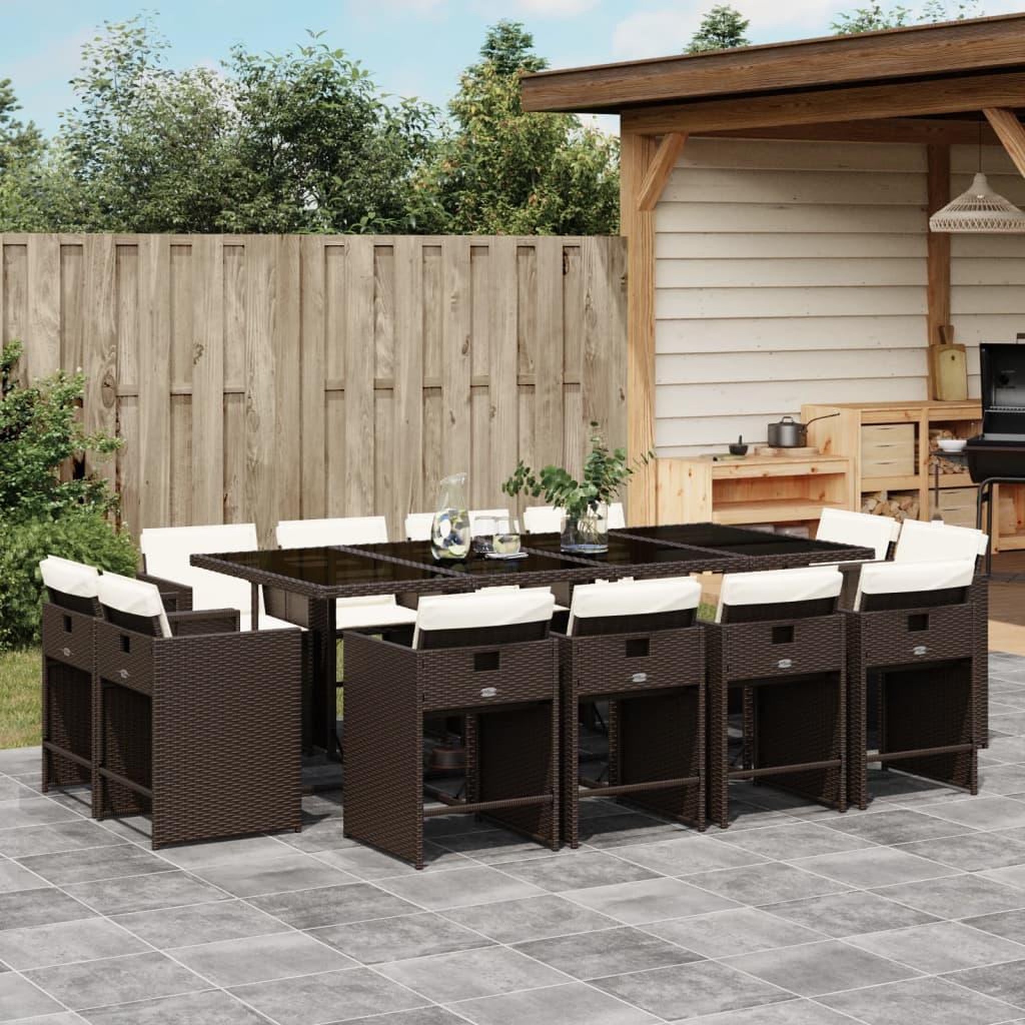 VIDAXL Ensemble a manger de jardin avec coussins 13 pcs marron rotin