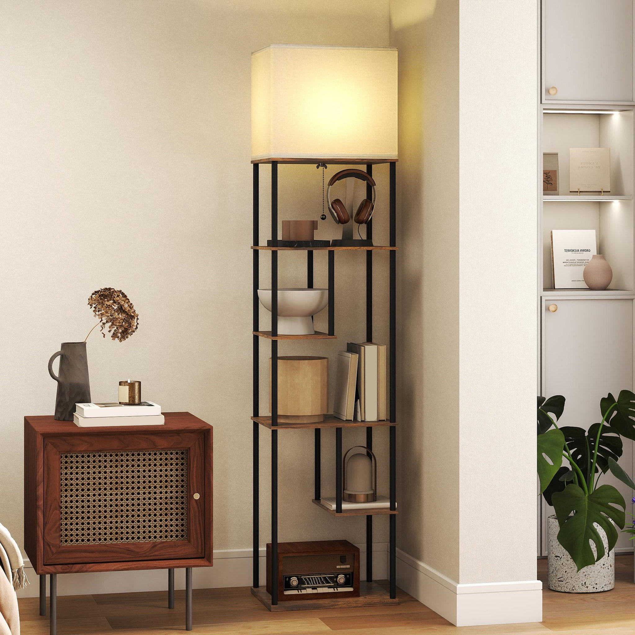 Voir la diapositive 2 : HOMCOM Lampadaire étagère LED design industriel - 5 niveaux de rangement H.171cm - métal noir aspect bois