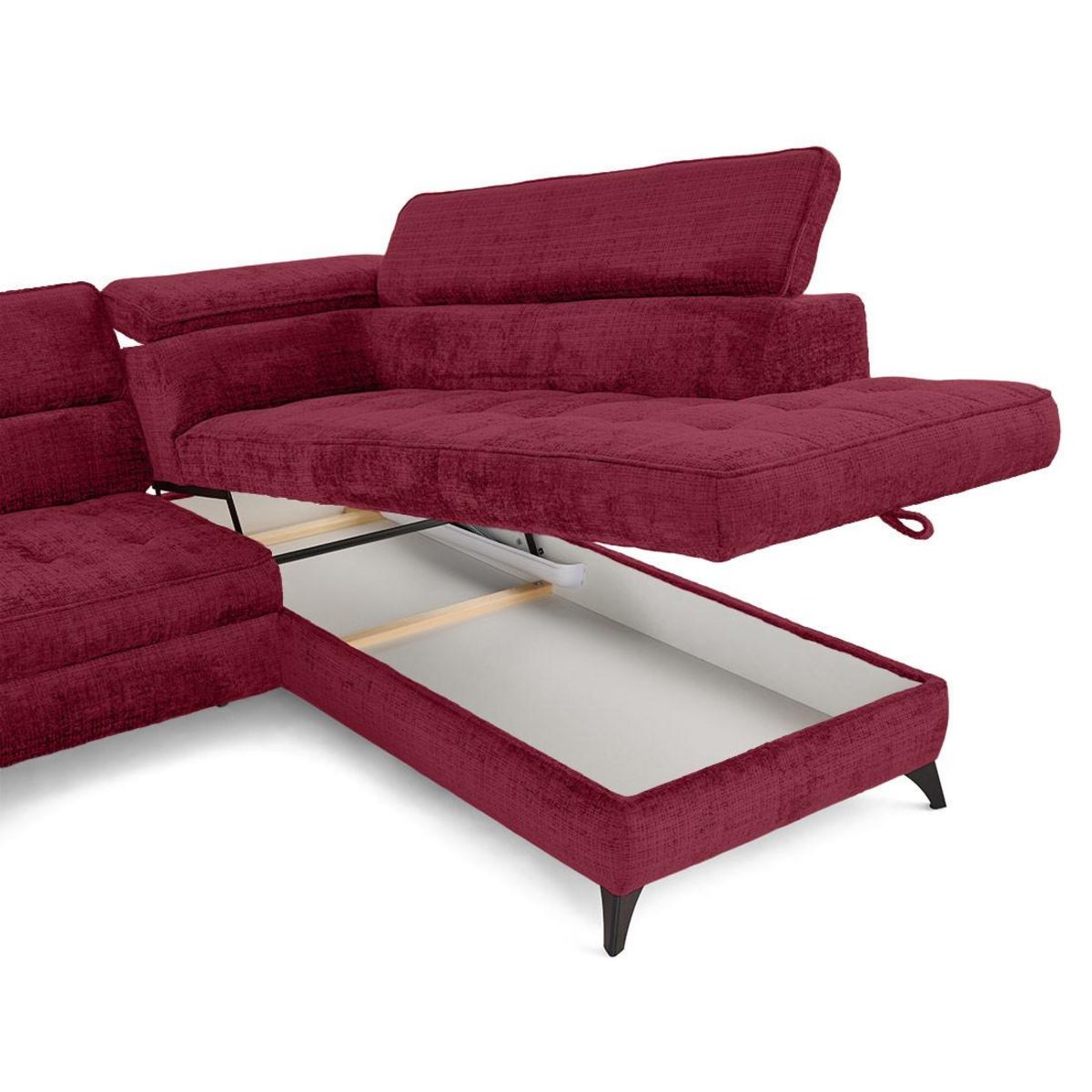 LISA DESIGN Marlo - canapé d'angle droit 5 places convertible avec coffre et têtières en velours texturé